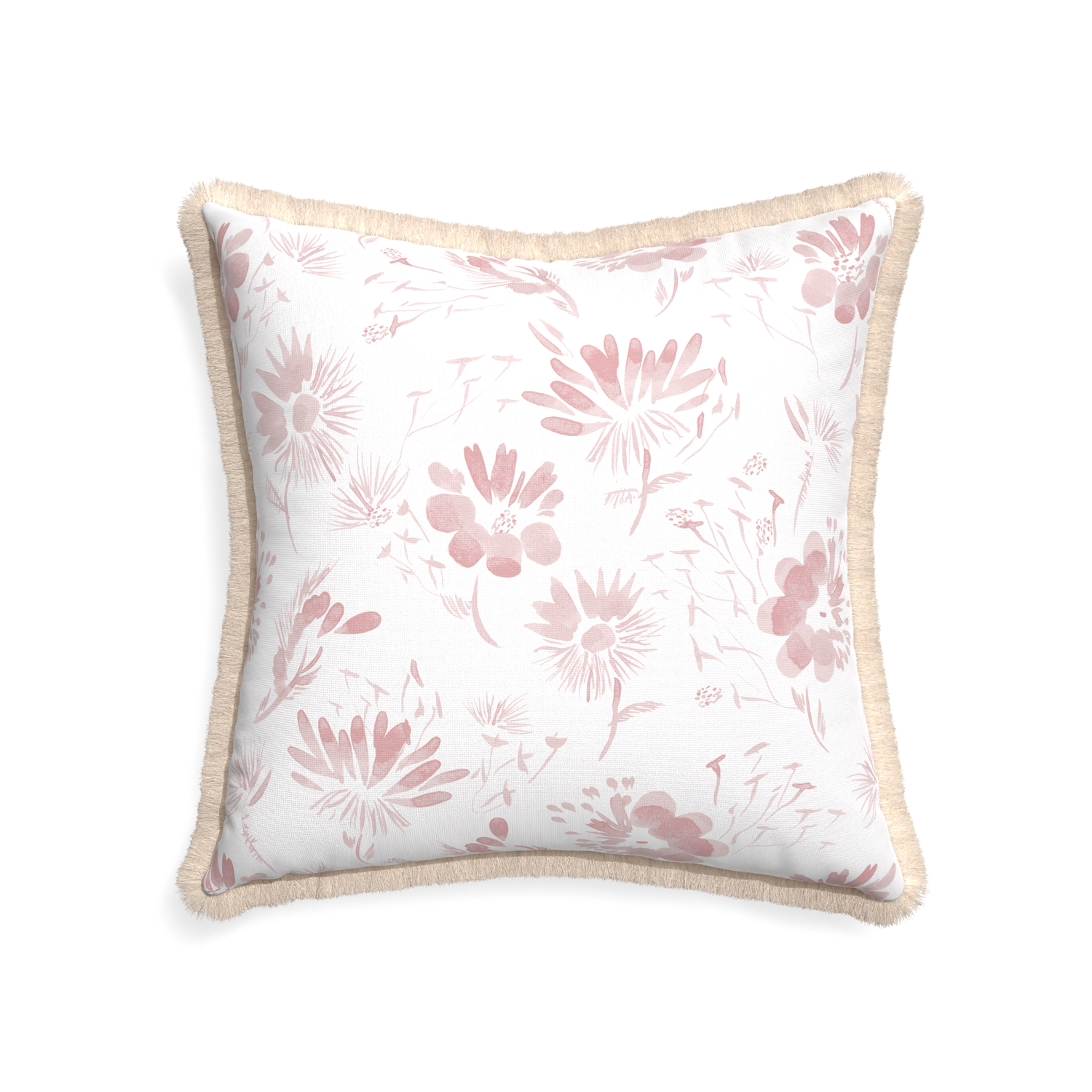 22-square blake custom pink floralpillow with cream fringe on white background
