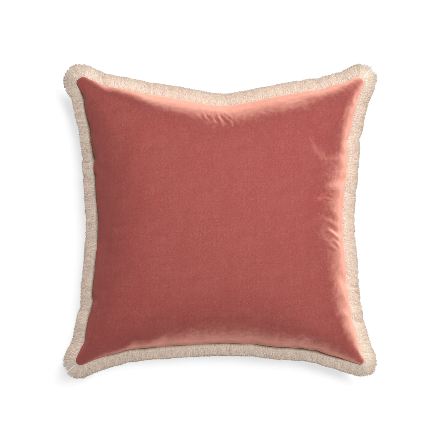 square coral velvet pillow with cream fringe