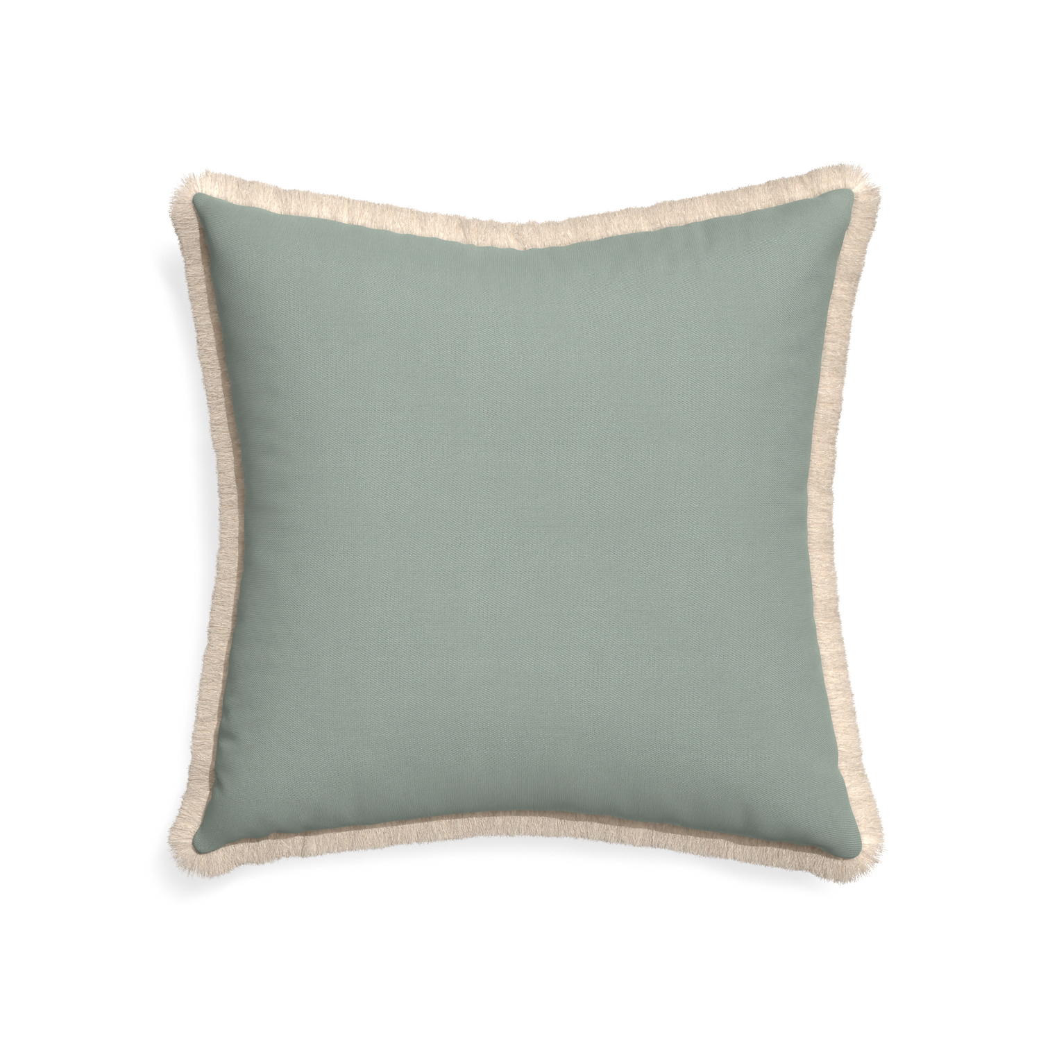 22-square sage custom pillow with cream fringe on white background