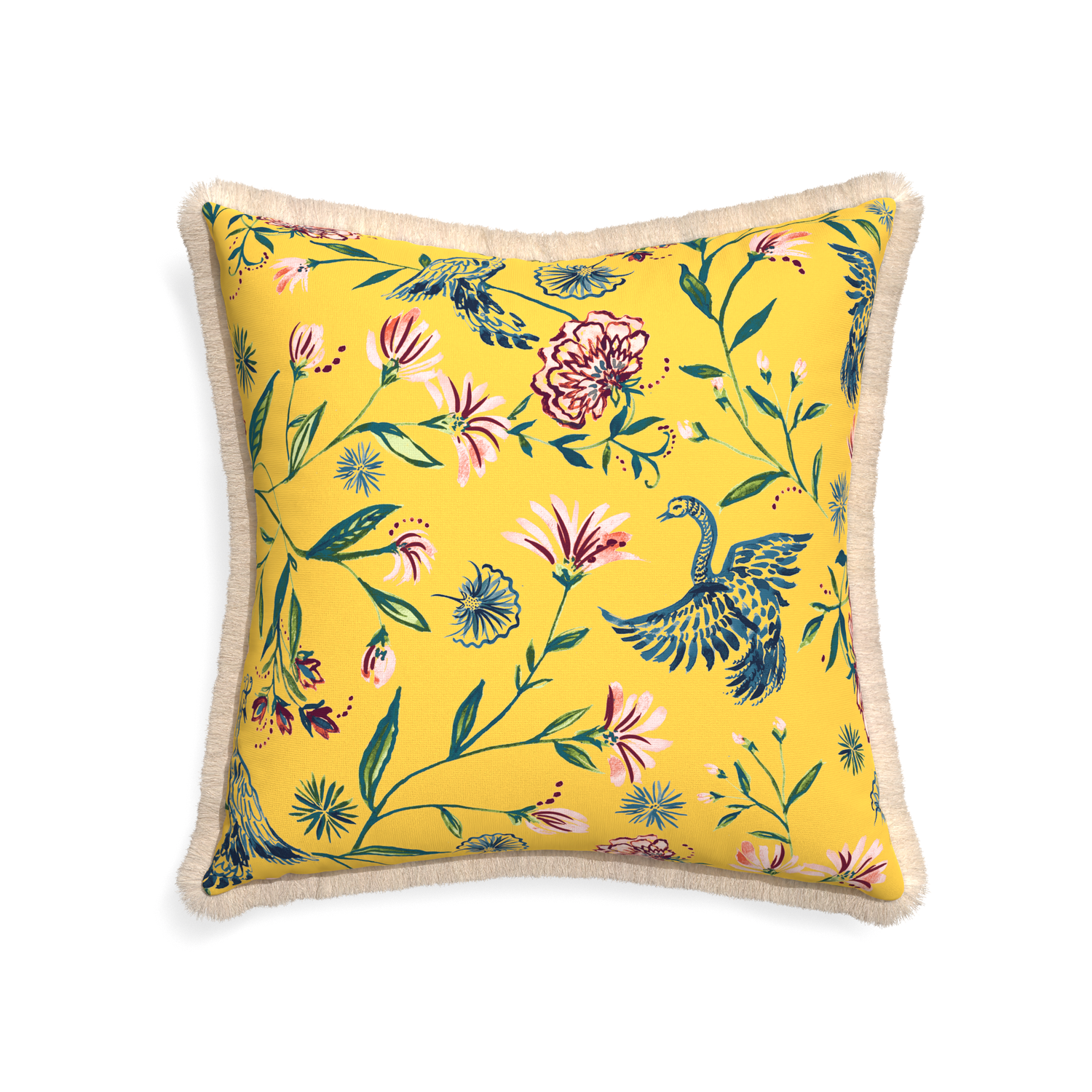 22-square daphne canary custom pillow with cream fringe on white background