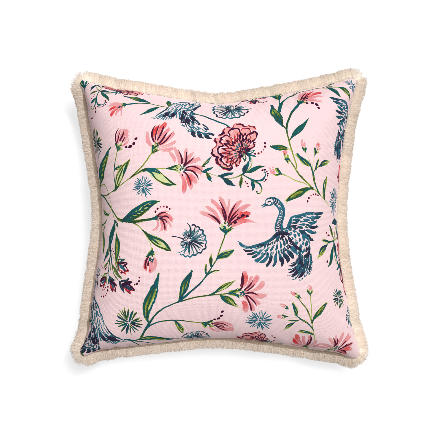 22-square daphne rose custom pillow with cream fringe on white background