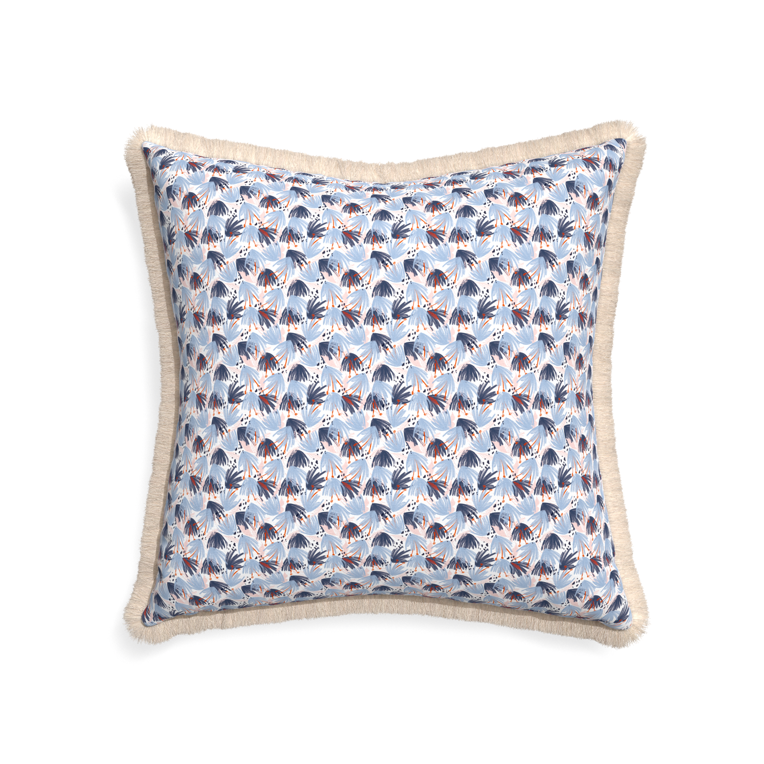 22-square eden blue custom pillow with cream fringe on white background