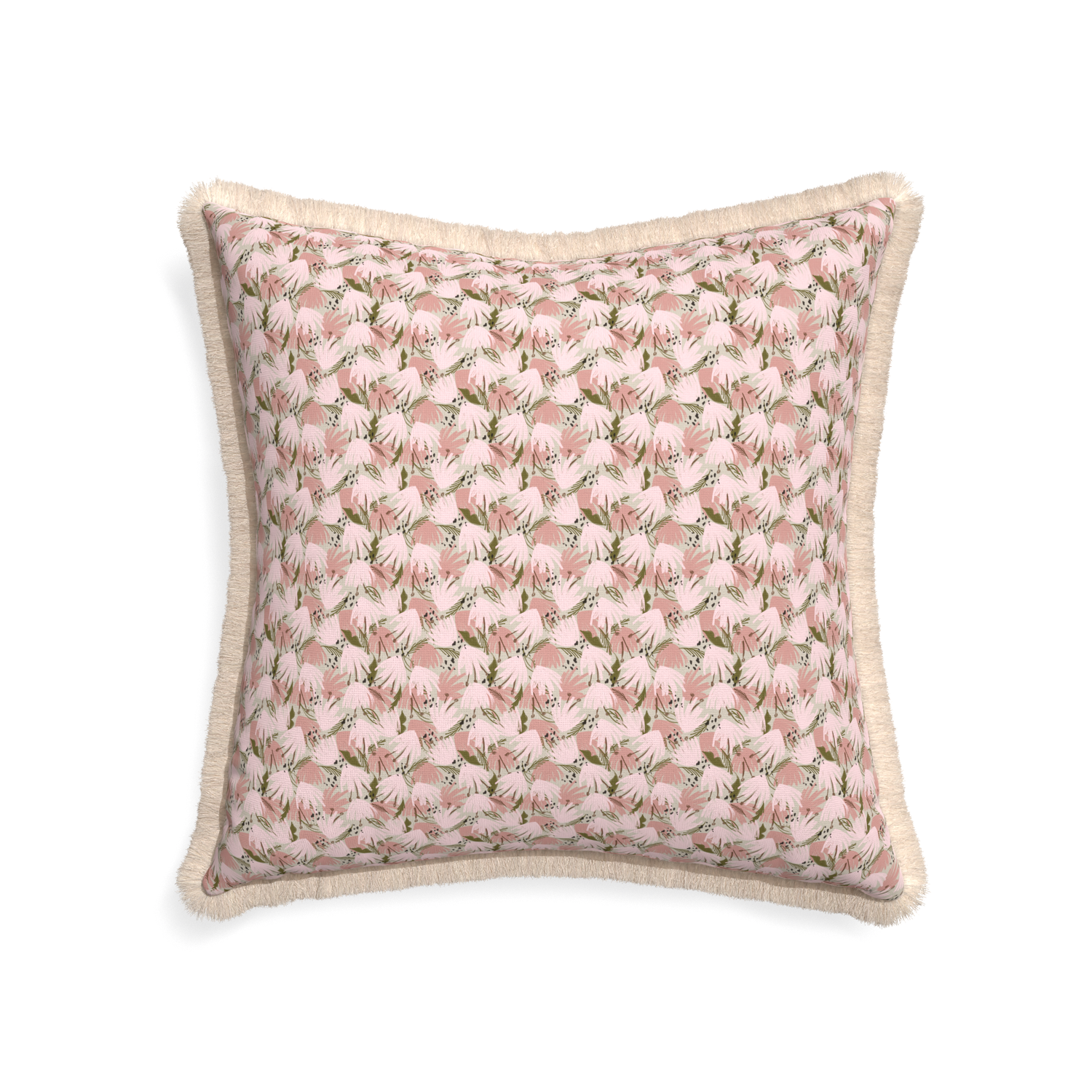 22-square eden pink custom pink floralpillow with cream fringe on white background