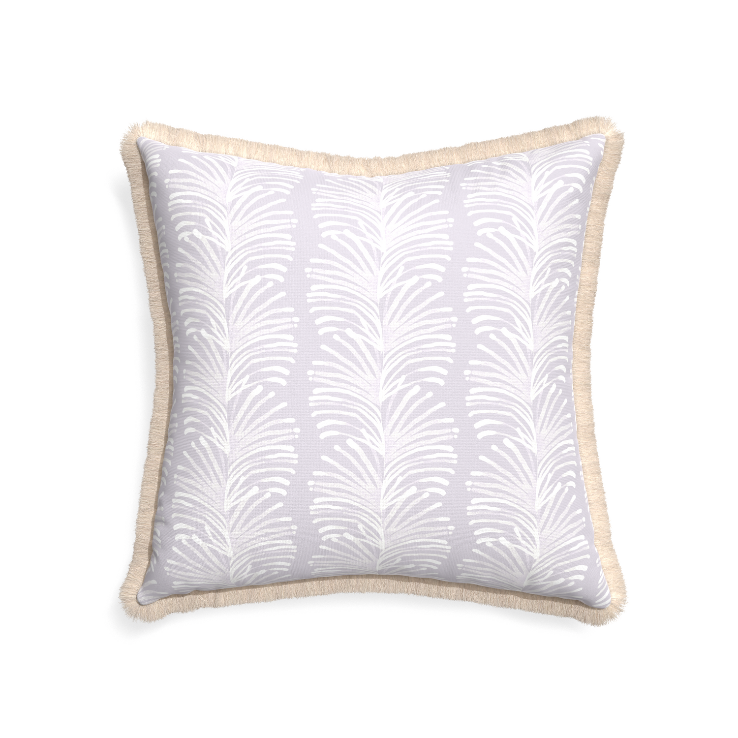 22-square emma lavender custom pillow with cream fringe on white background