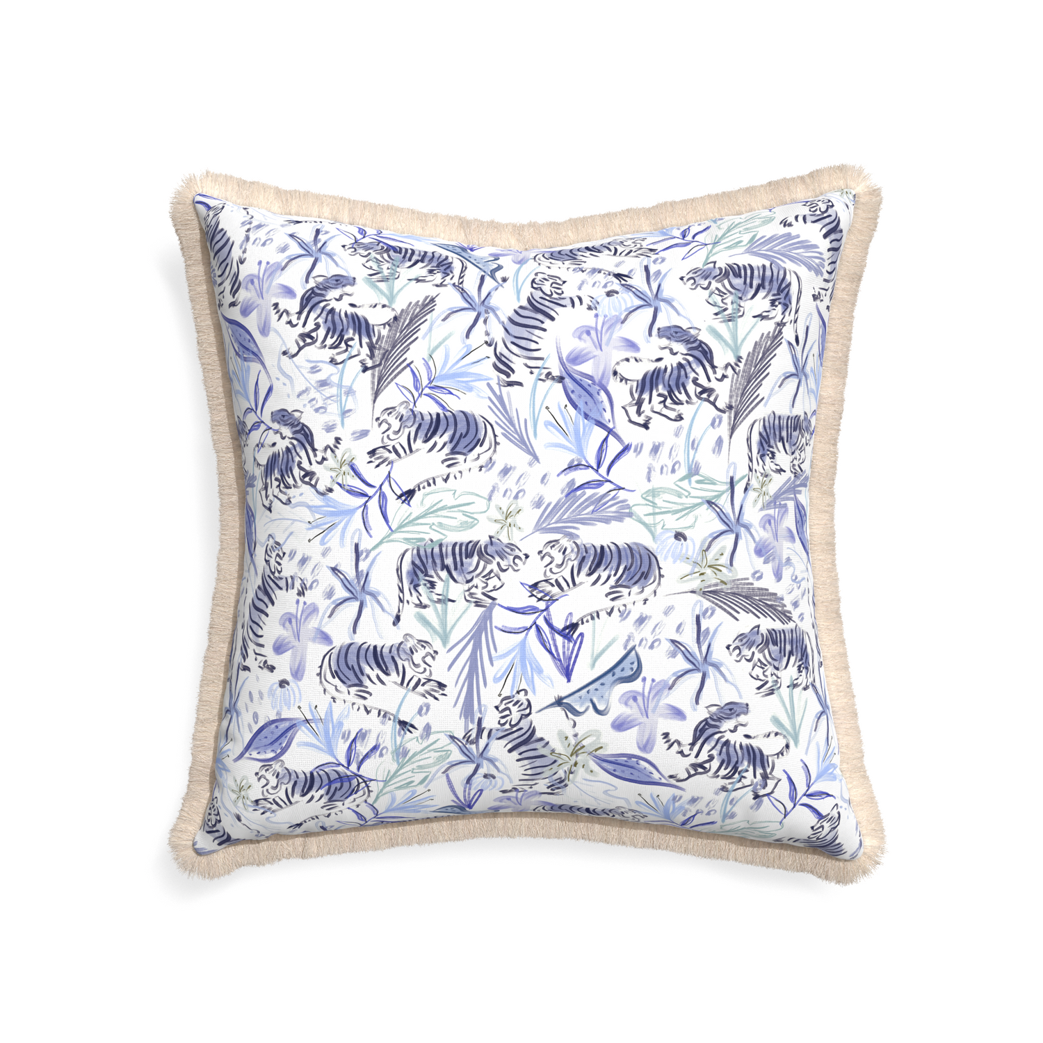 22-square frida blue custom blue with intricate tiger designpillow with cream fringe on white background