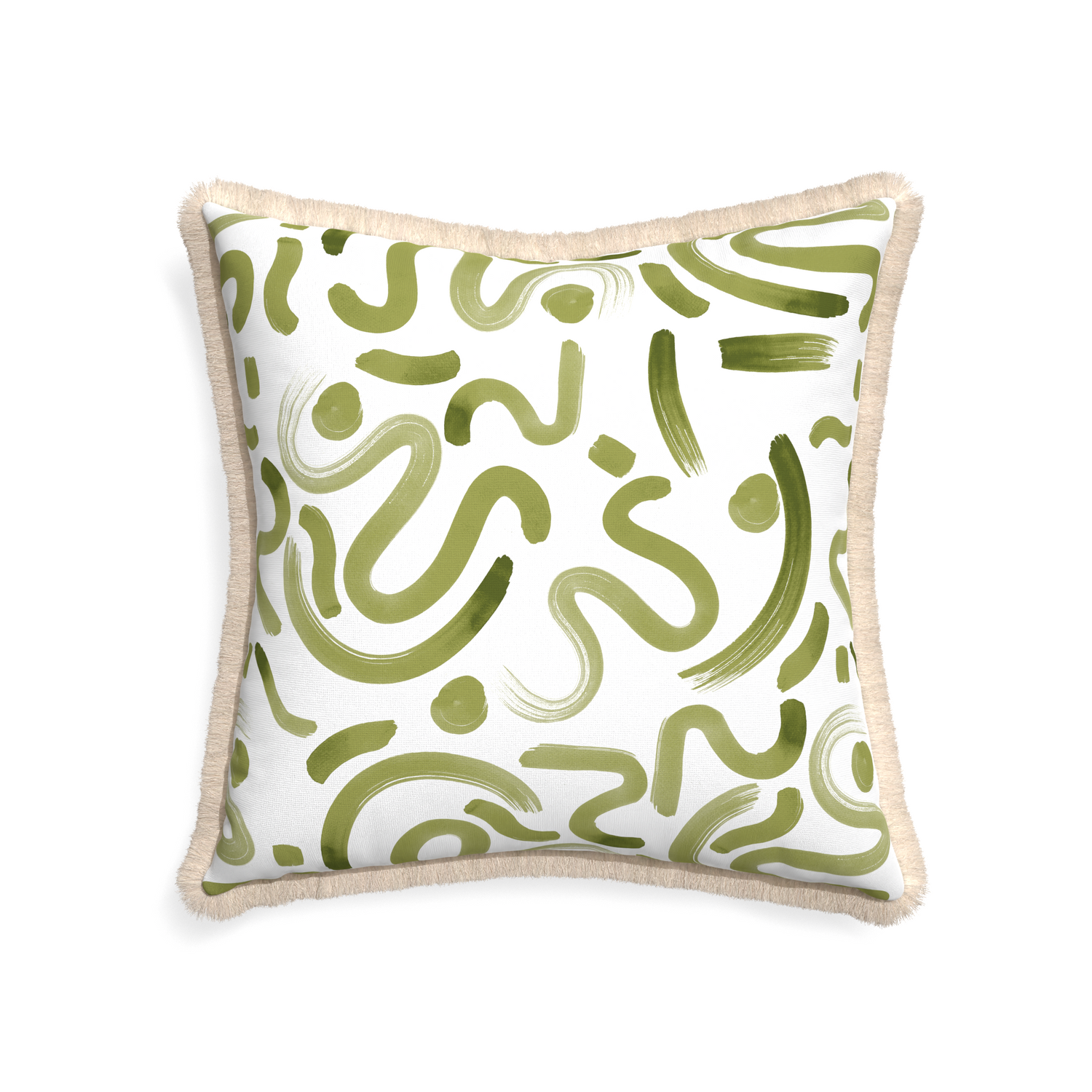 22-square hockney moss custom pillow with cream fringe on white background
