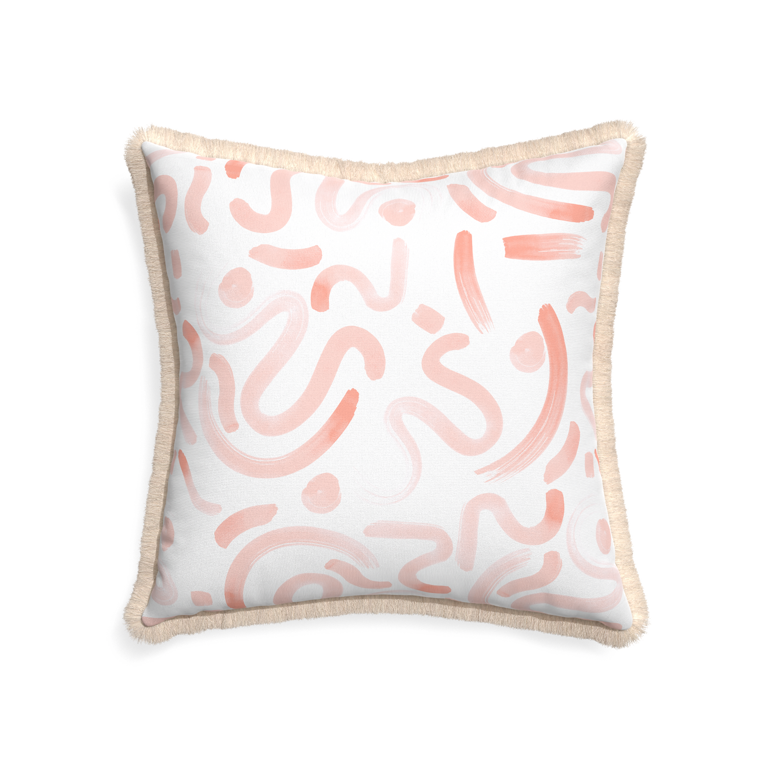 22-square hockney pink custom pillow with cream fringe on white background
