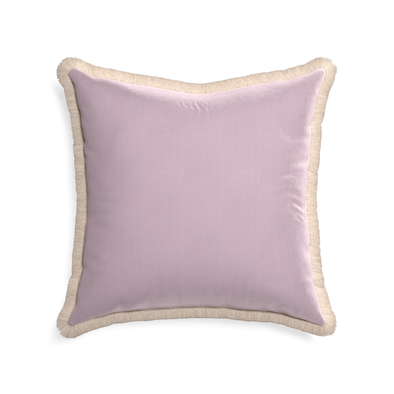 square lilac velvet pillow with cream fringe
