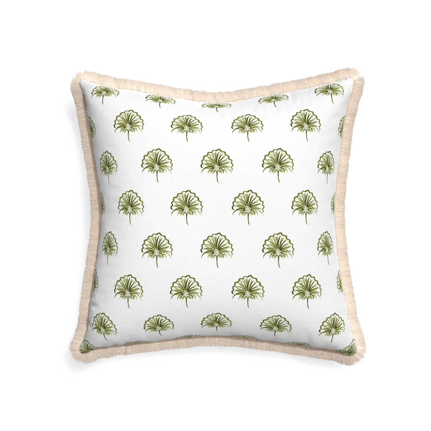 22-square penelope moss custom green floralpillow with cream fringe on white background