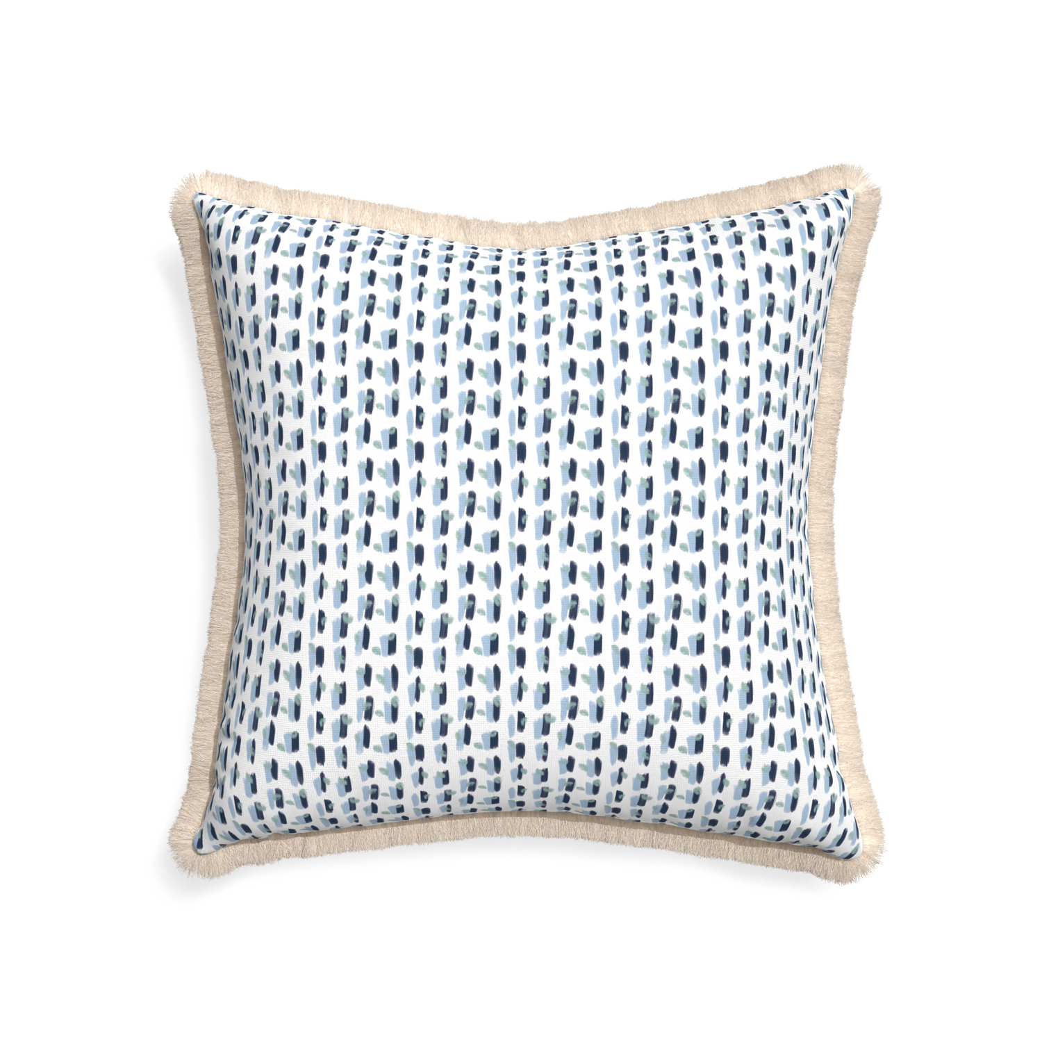 22-square poppy blue custom pillow with cream fringe on white background