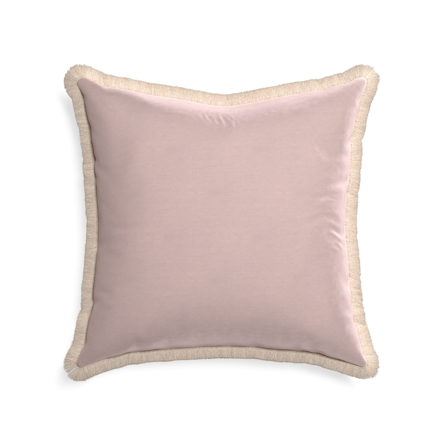 22-square rose velvet custom pillow with cream fringe on white background