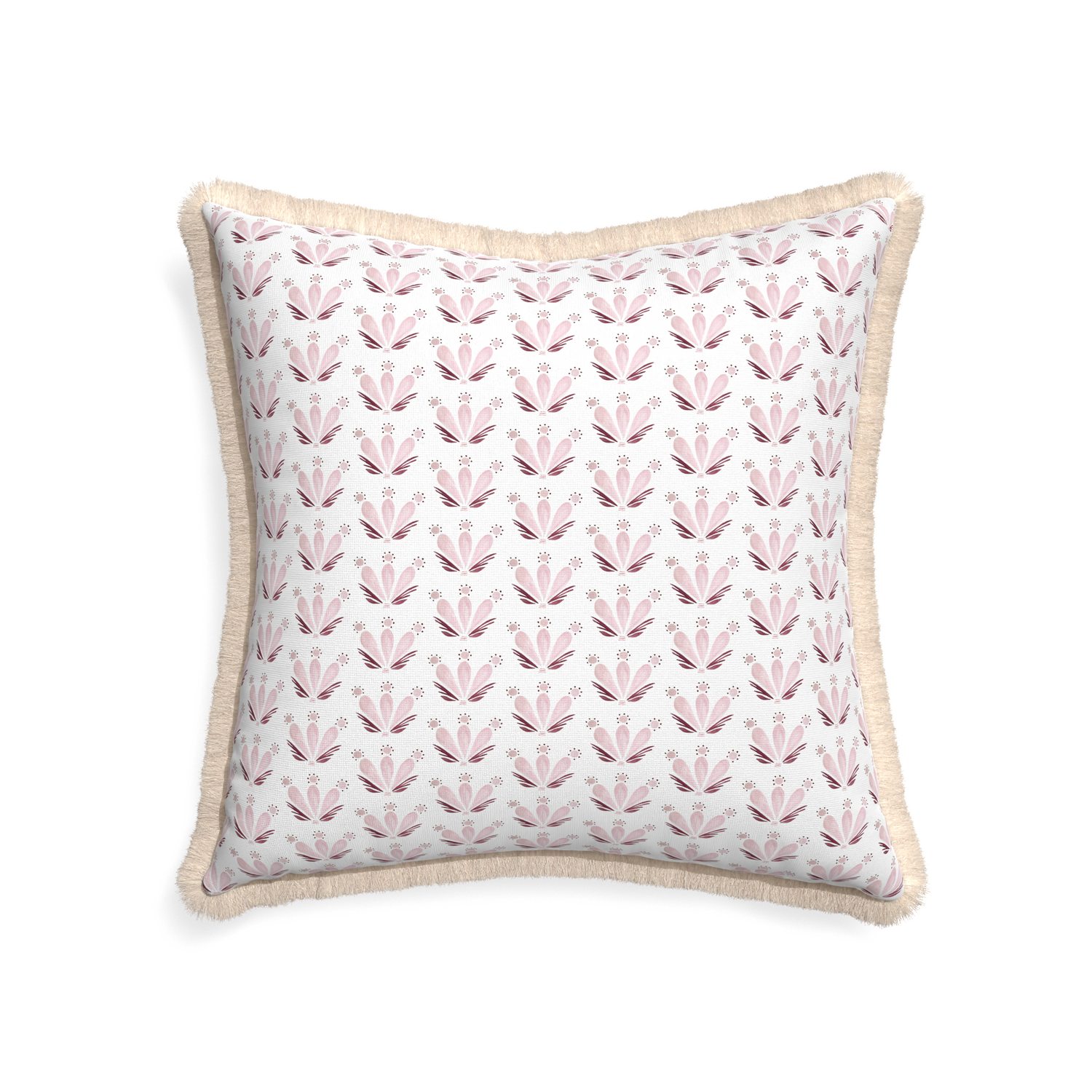 22-square serena pink custom pillow with cream fringe on white background