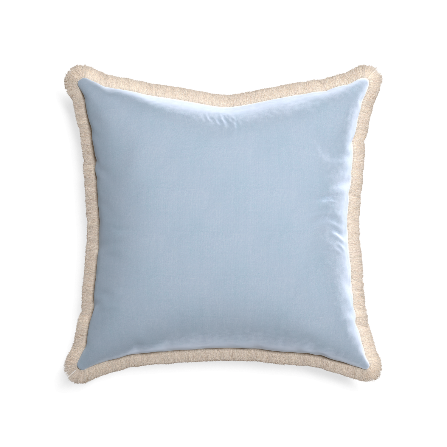 22-square sky velvet custom pillow with cream fringe on white background