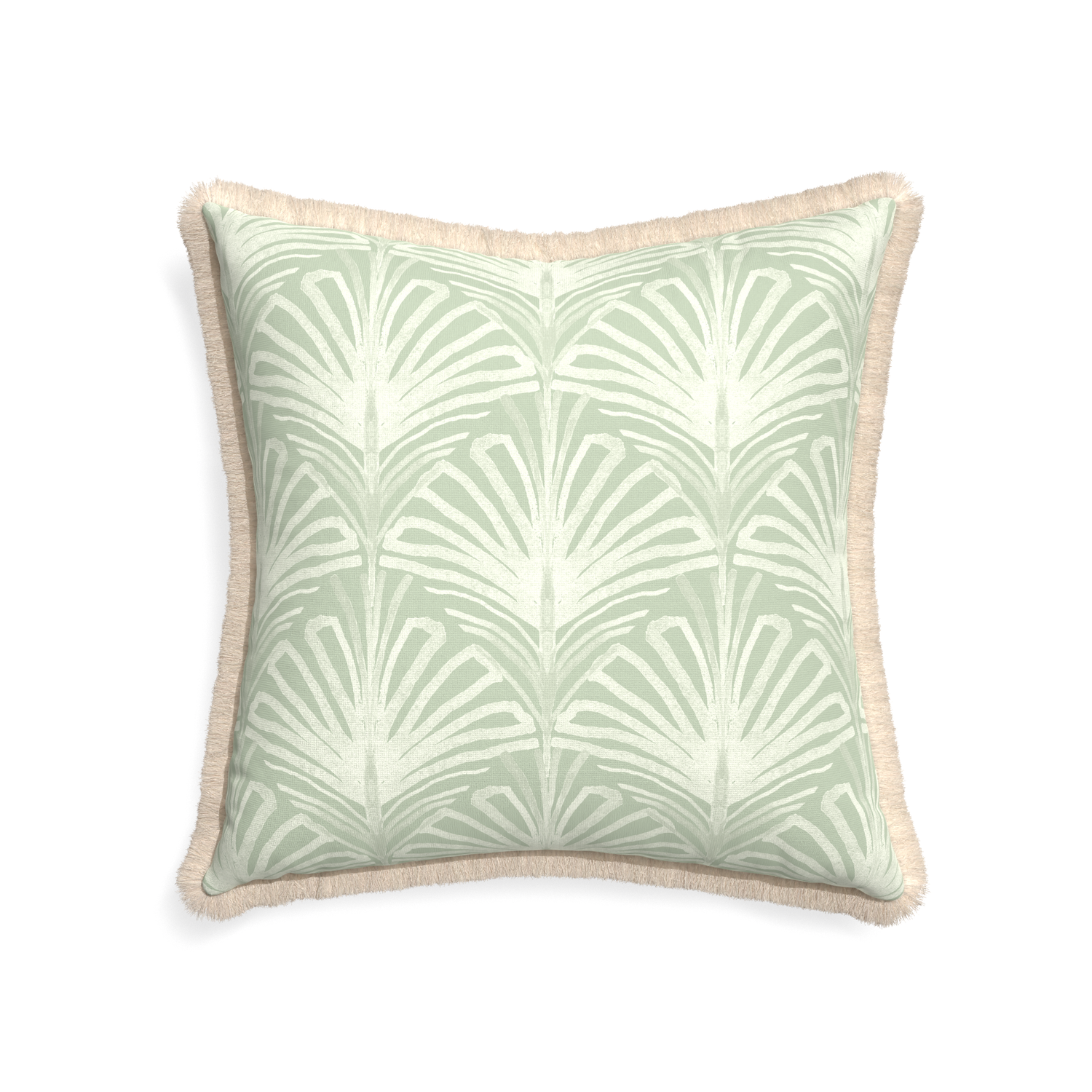 22-square suzy sage custom sage green palmpillow with cream fringe on white background