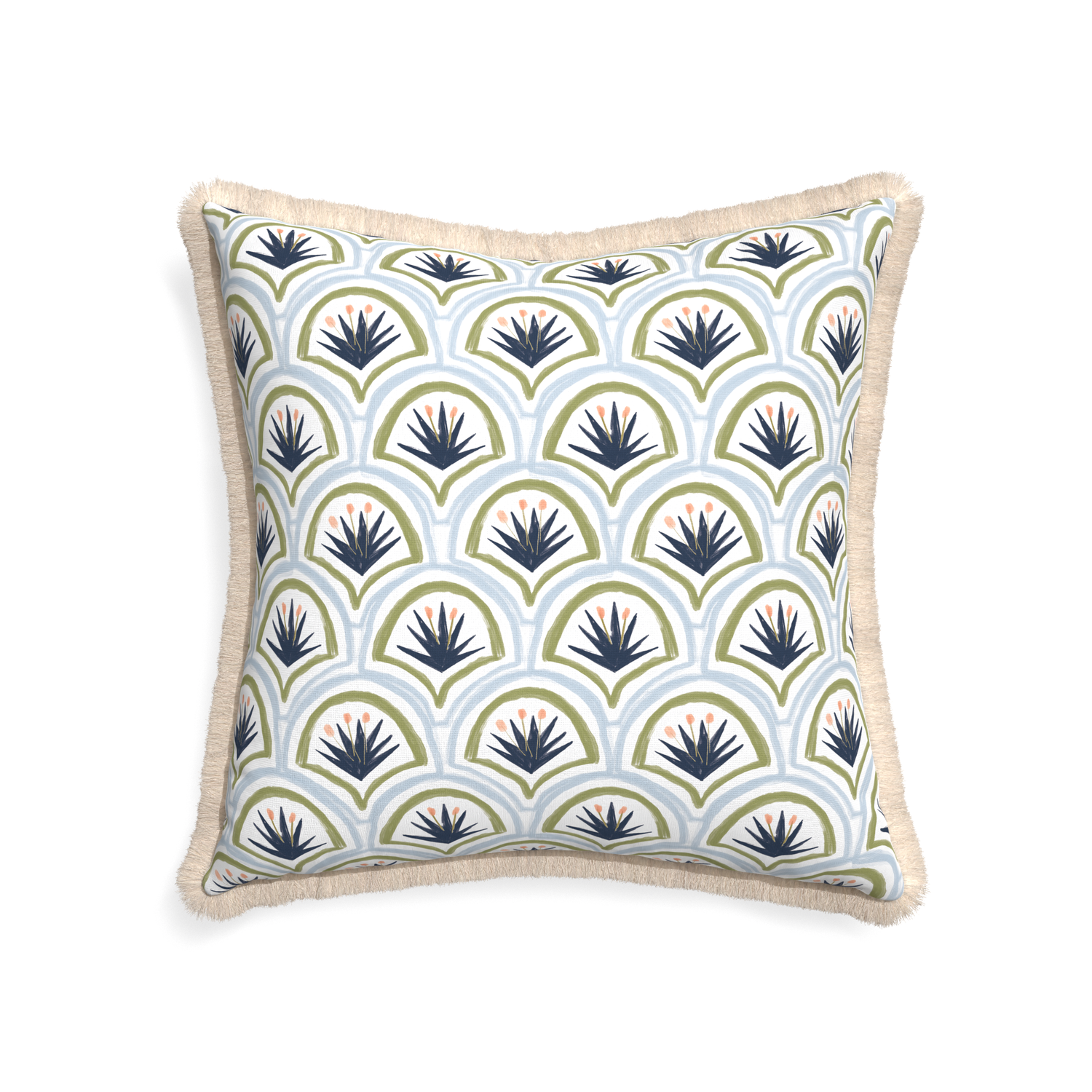 22-square thatcher midnight custom art deco palm patternpillow with cream fringe on white background