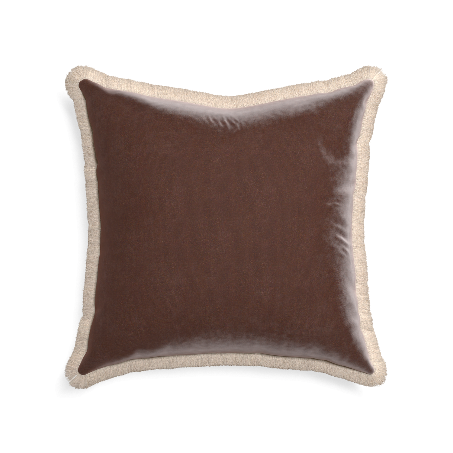 22-square walnut velvet custom pillow with cream fringe on white background