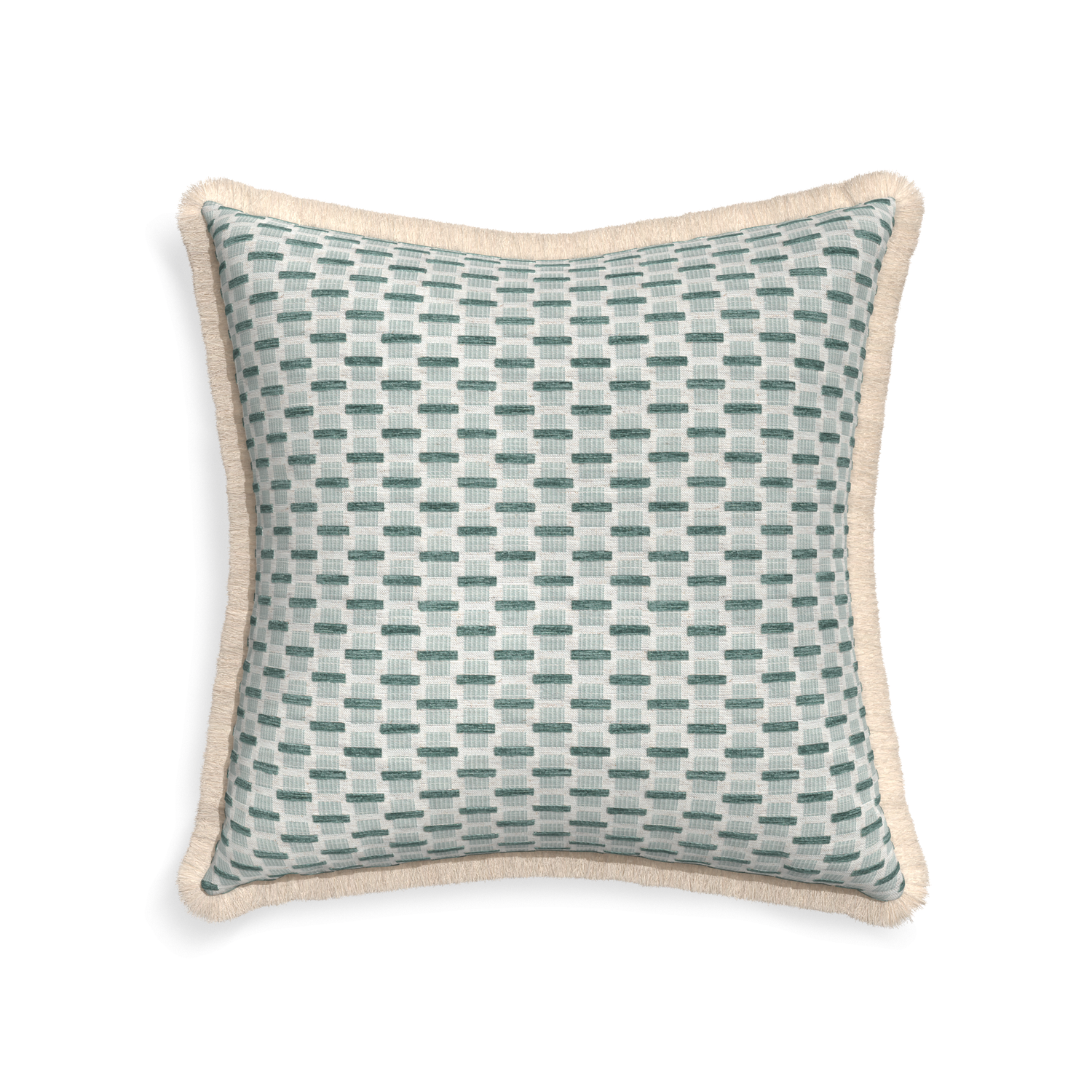 22-square willow mint custom green geometric chenillepillow with cream fringe on white background