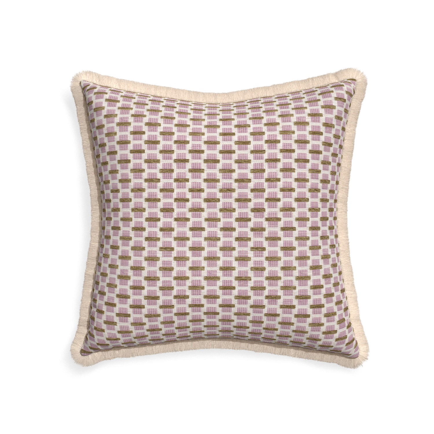 22-square willow orchid custom pink geometric chenillepillow with cream fringe on white background