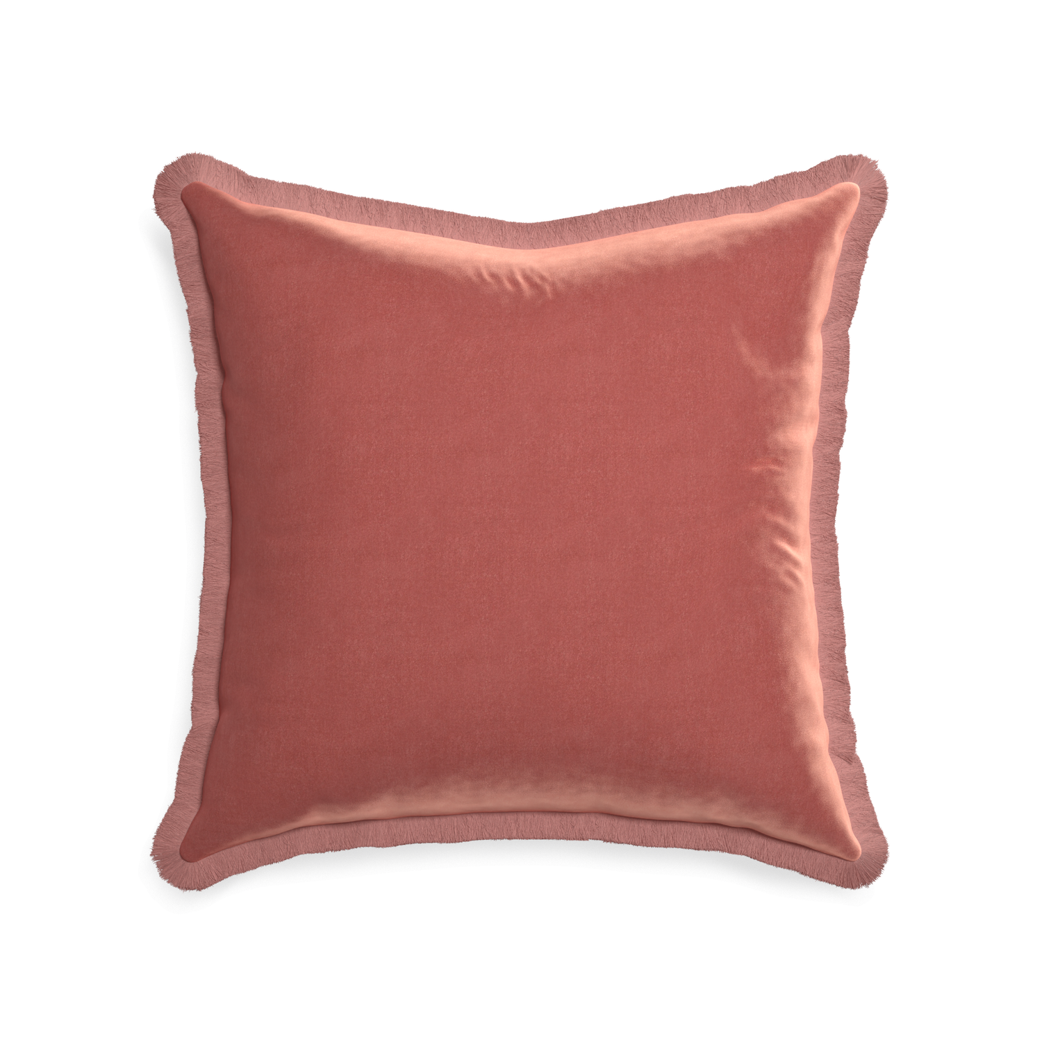 square coral velvet pillow with dusty rose fringe 