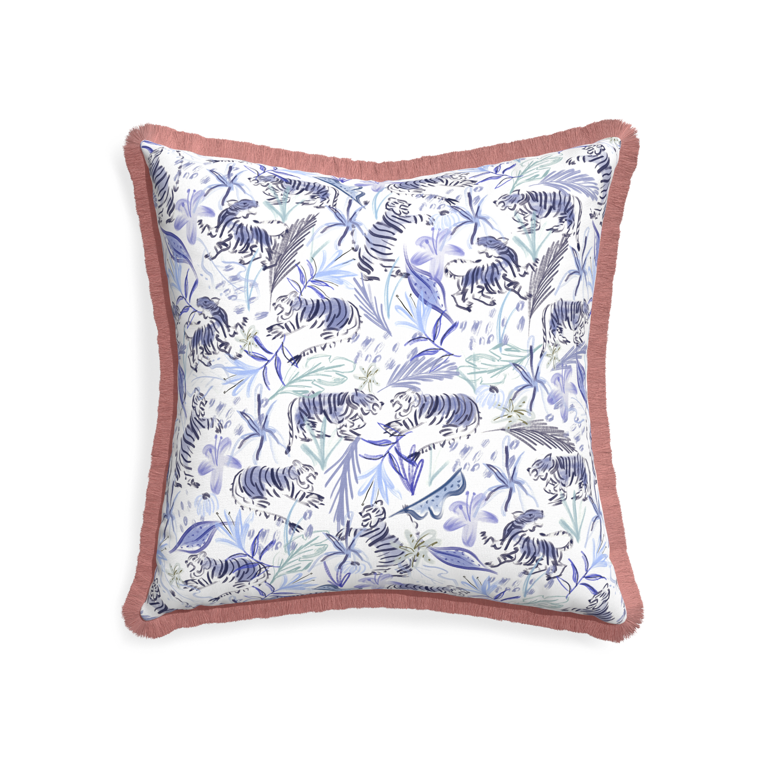 22-square frida blue custom blue with intricate tiger designpillow with d fringe on white background