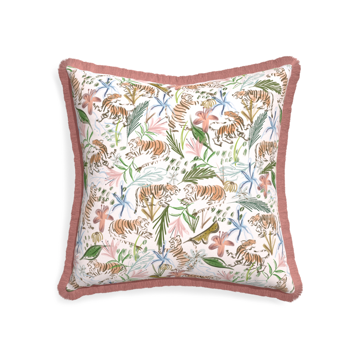 22-square frida pink custom pink chinoiserie tigerpillow with d fringe on white background