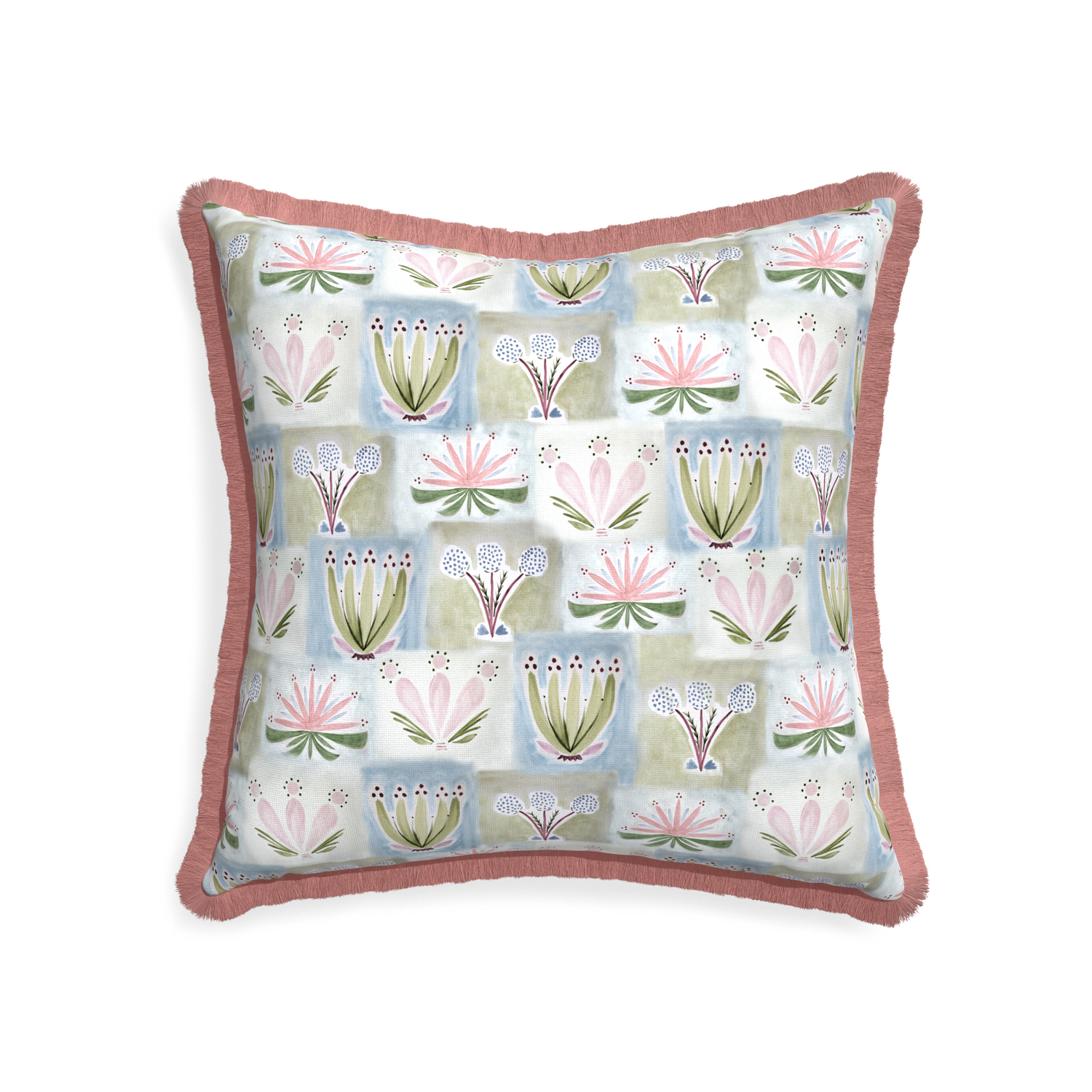 22-square harper custom hand-painted floralpillow with d fringe on white background