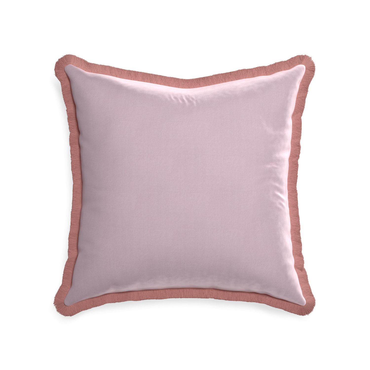 22-square lilac velvet custom pillow with d fringe on white background