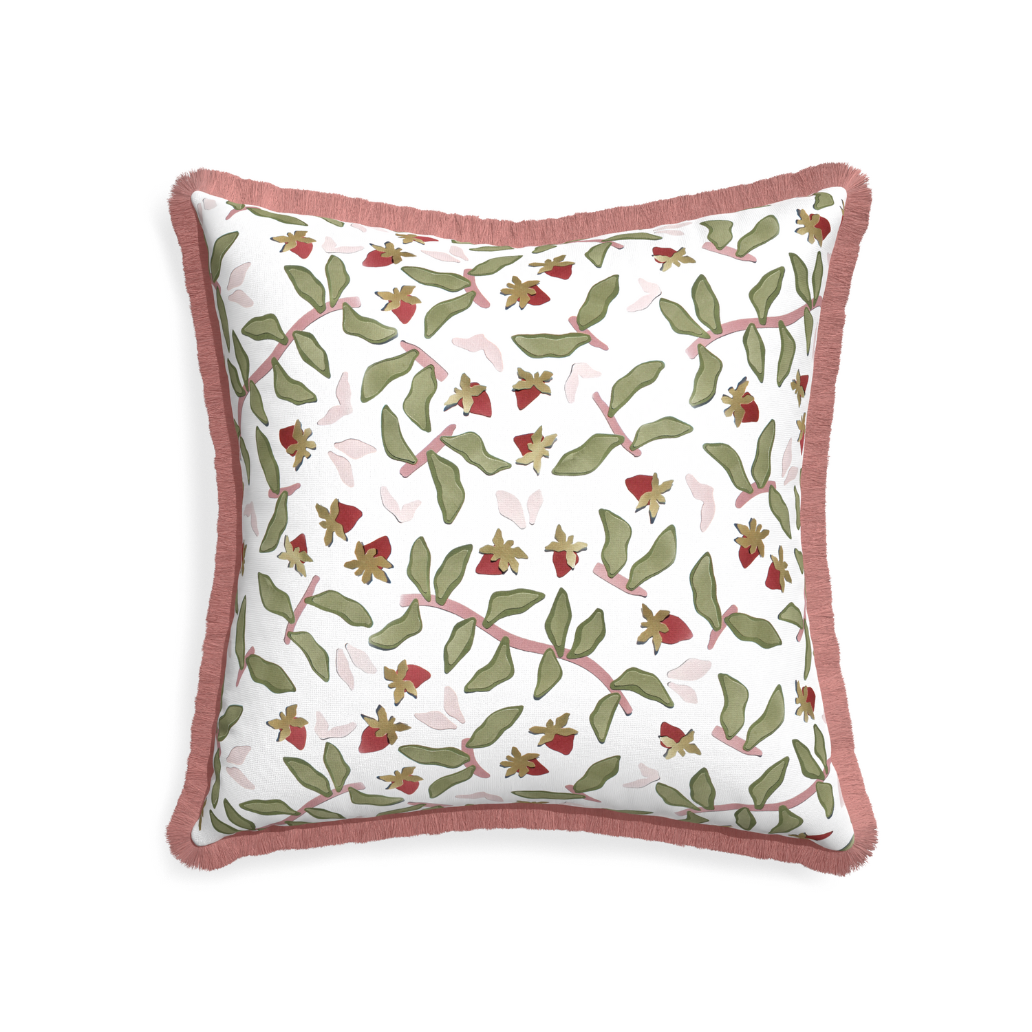22-square nellie custom strawberry & botanicalpillow with d fringe on white background