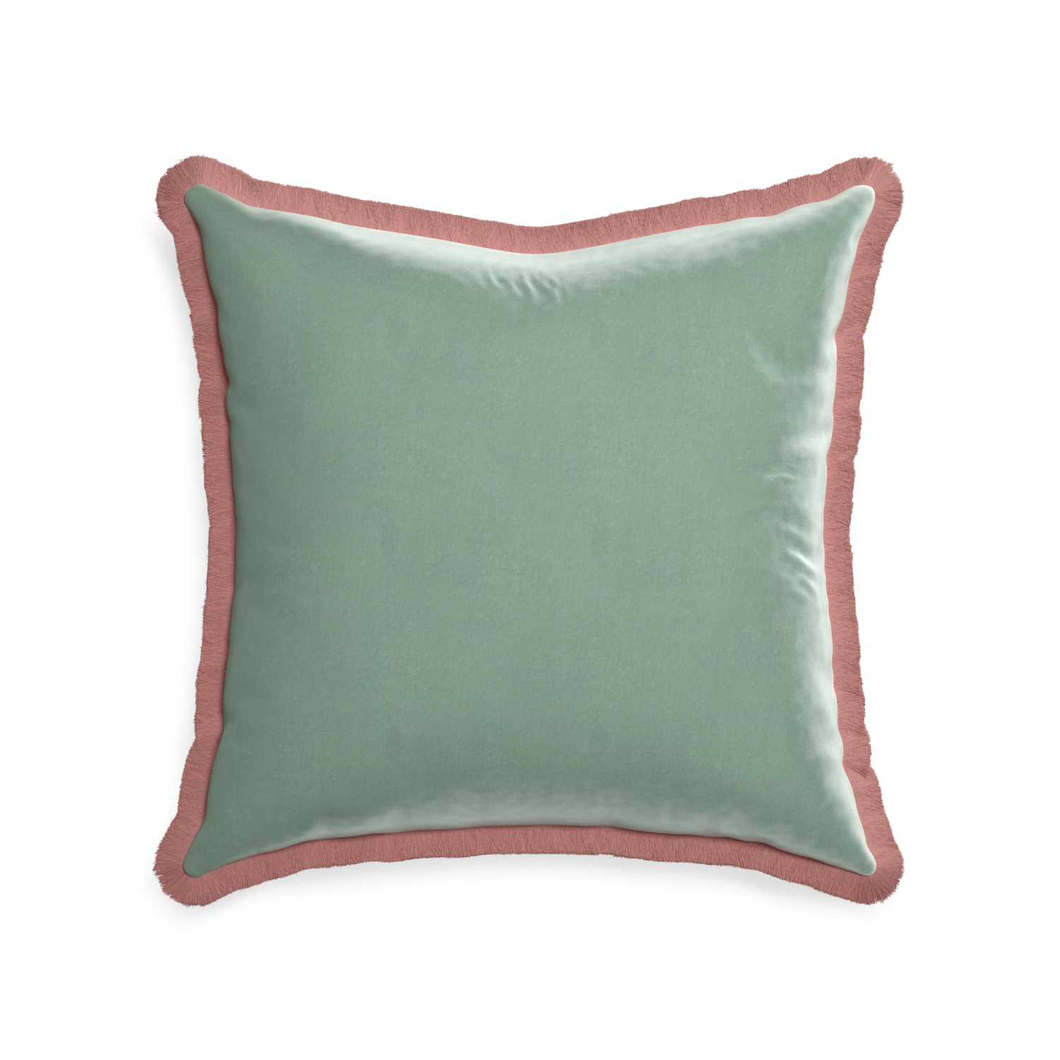 square blue green velvet pillow with dusty rose fringe