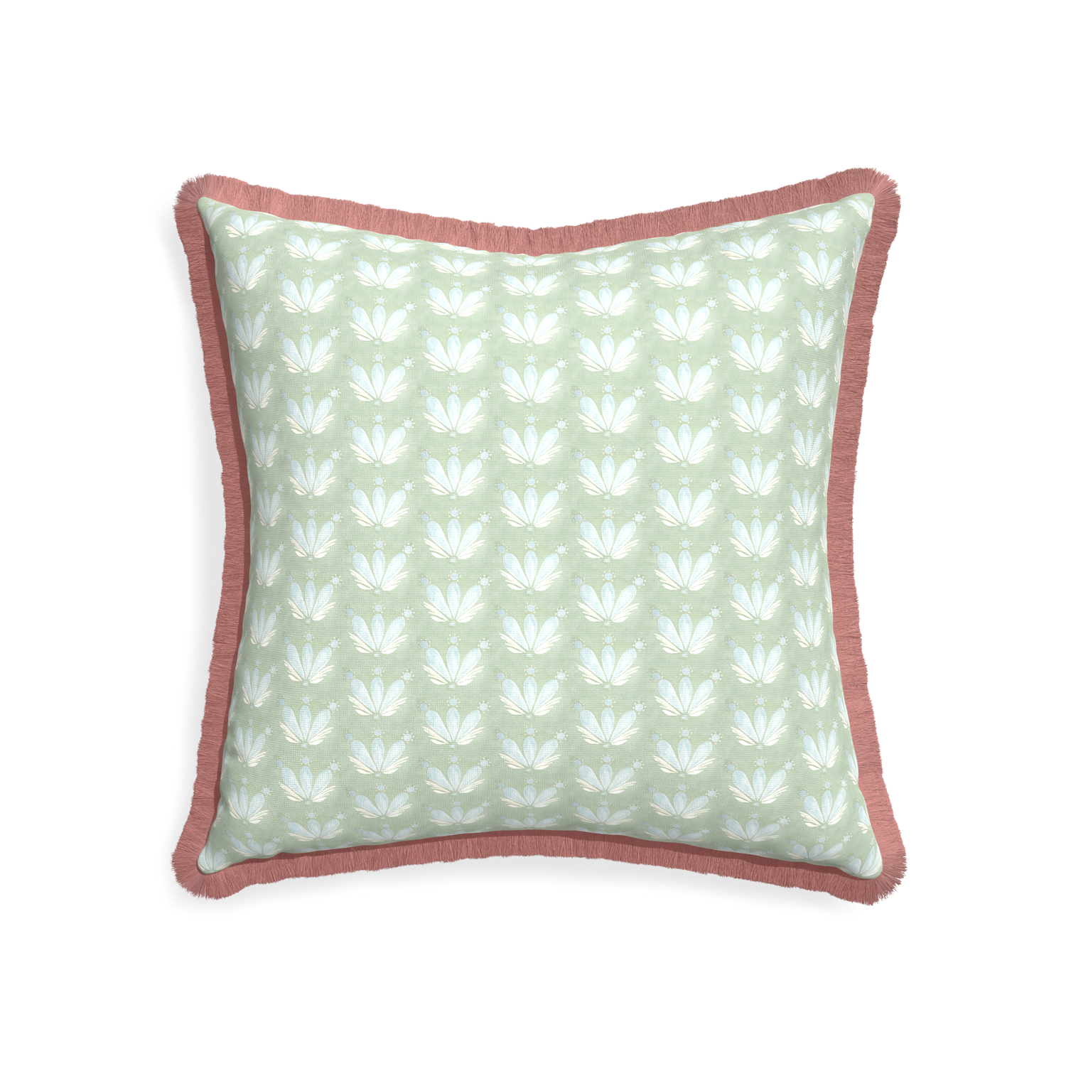 22-square serena sea salt custom blue & green floral drop repeatpillow with d fringe on white background