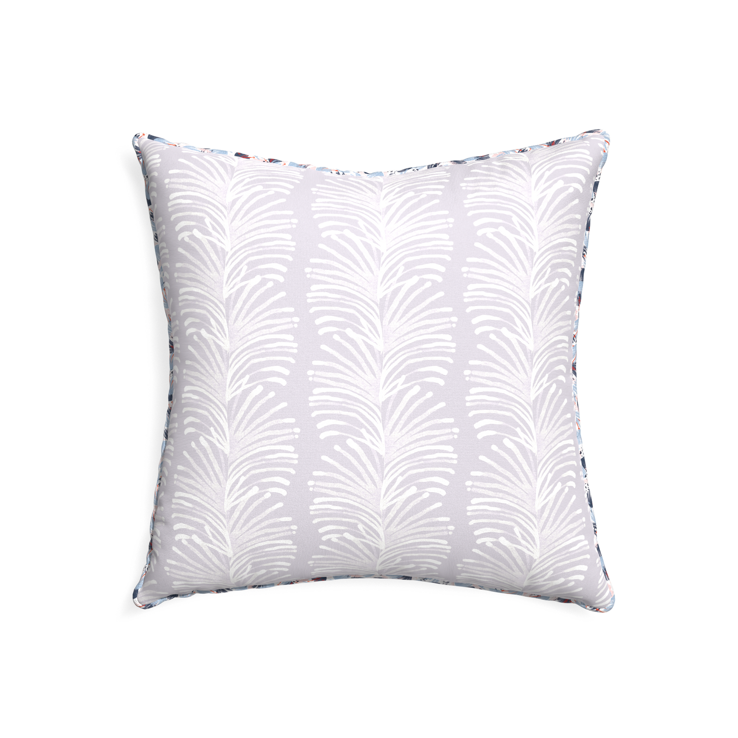 22-square emma lavender custom pillow with e piping on white background