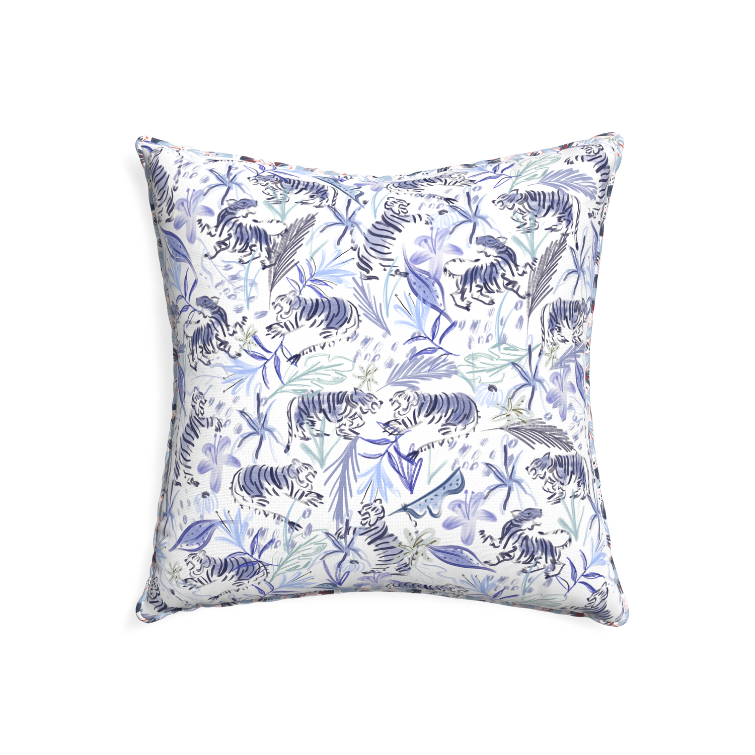 22-square frida blue custom blue with intricate tiger designpillow with e piping on white background