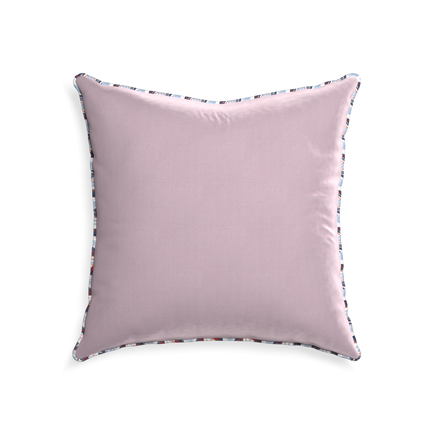 22-square lilac velvet custom pillow with e piping on white background