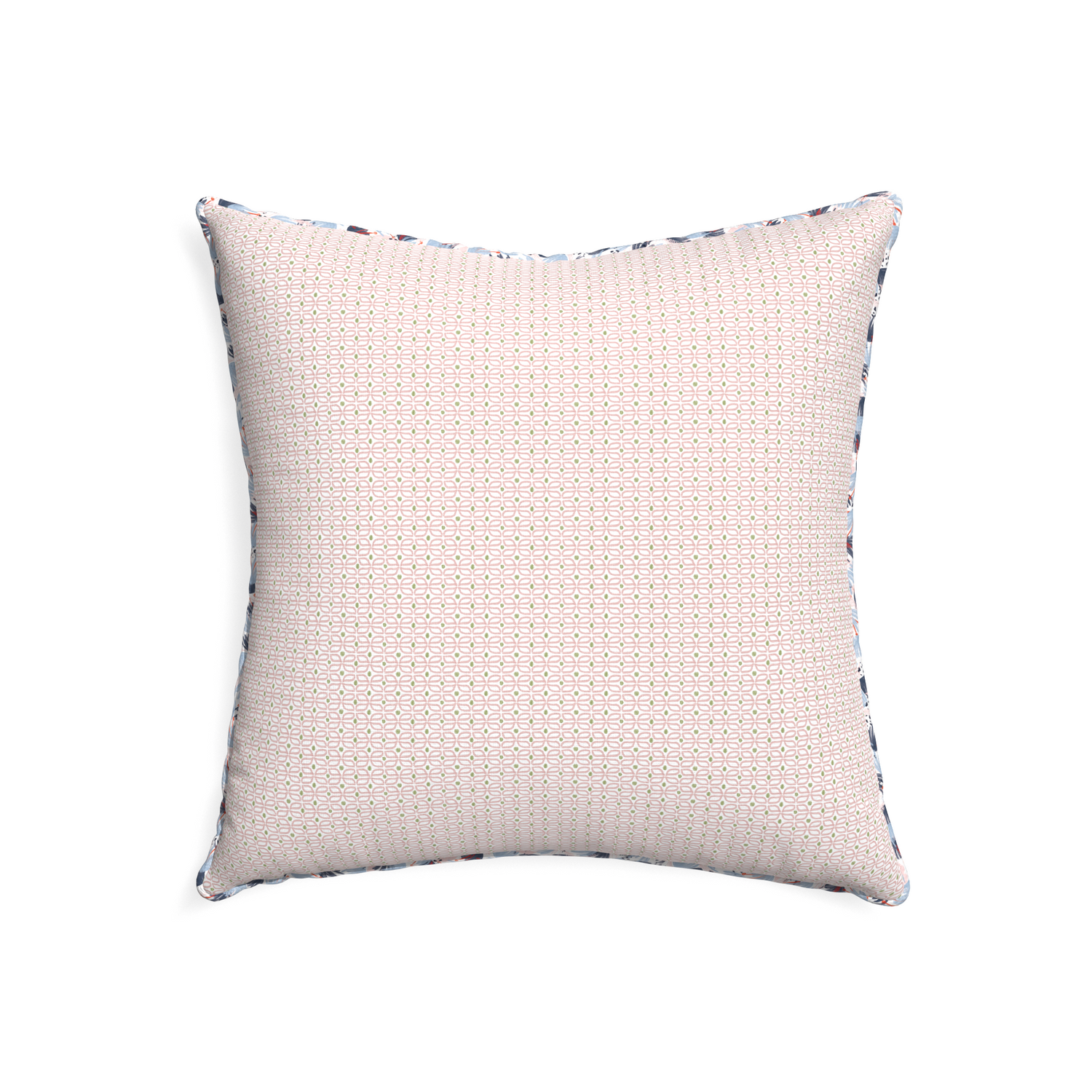 22-square loomi pink custom pillow with e piping on white background
