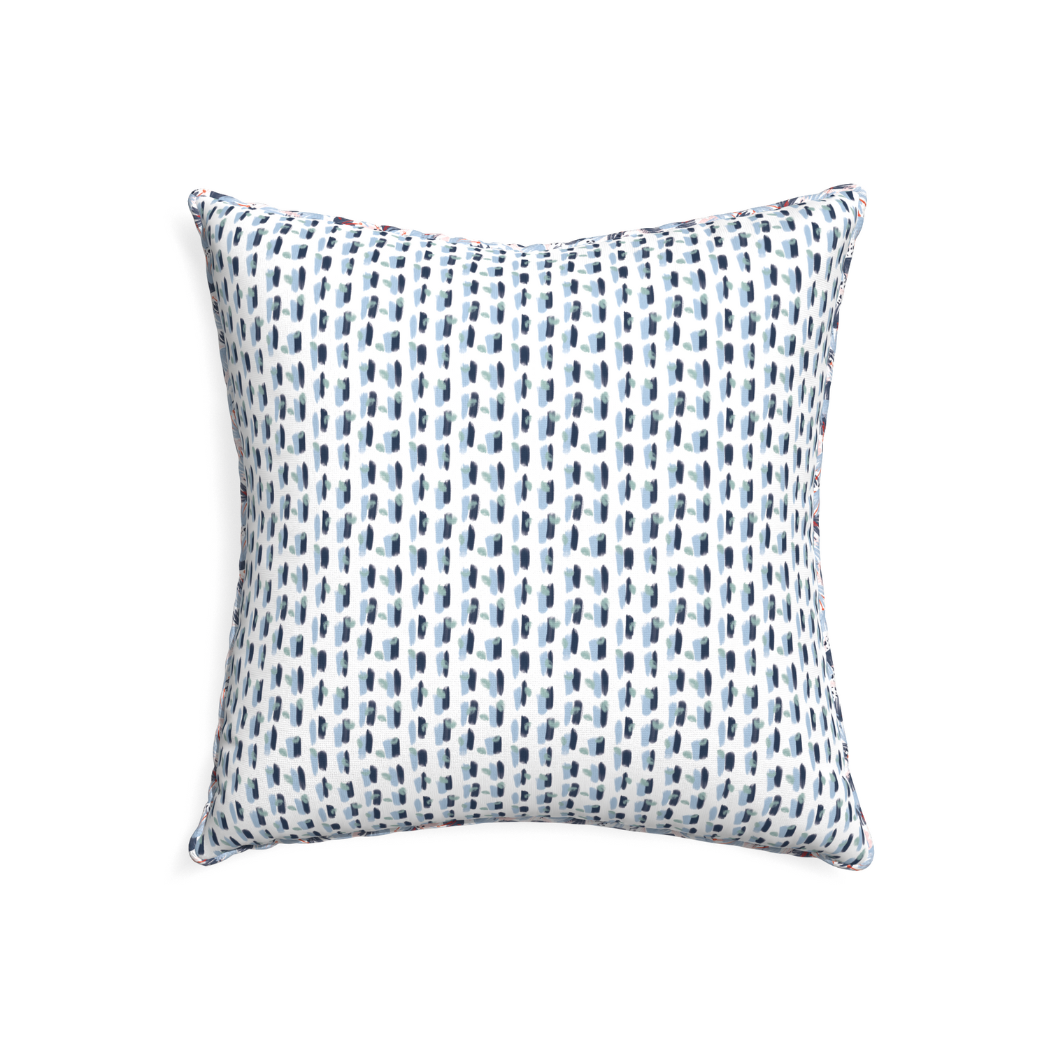 22-square poppy blue custom pillow with e piping on white background
