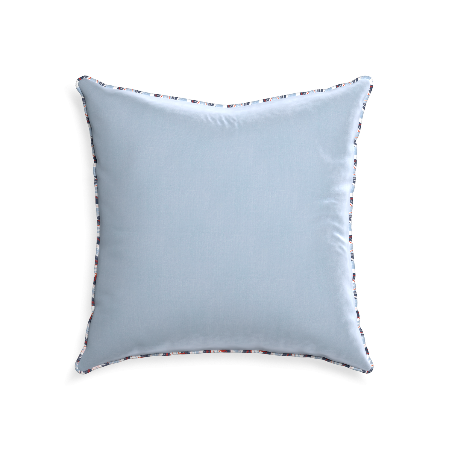 22-square sky velvet custom pillow with e piping on white background