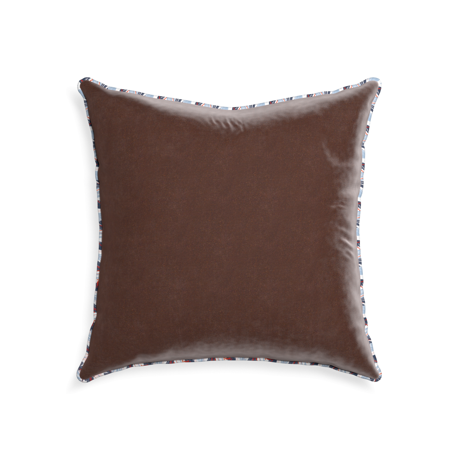 22-square walnut velvet custom pillow with e piping on white background
