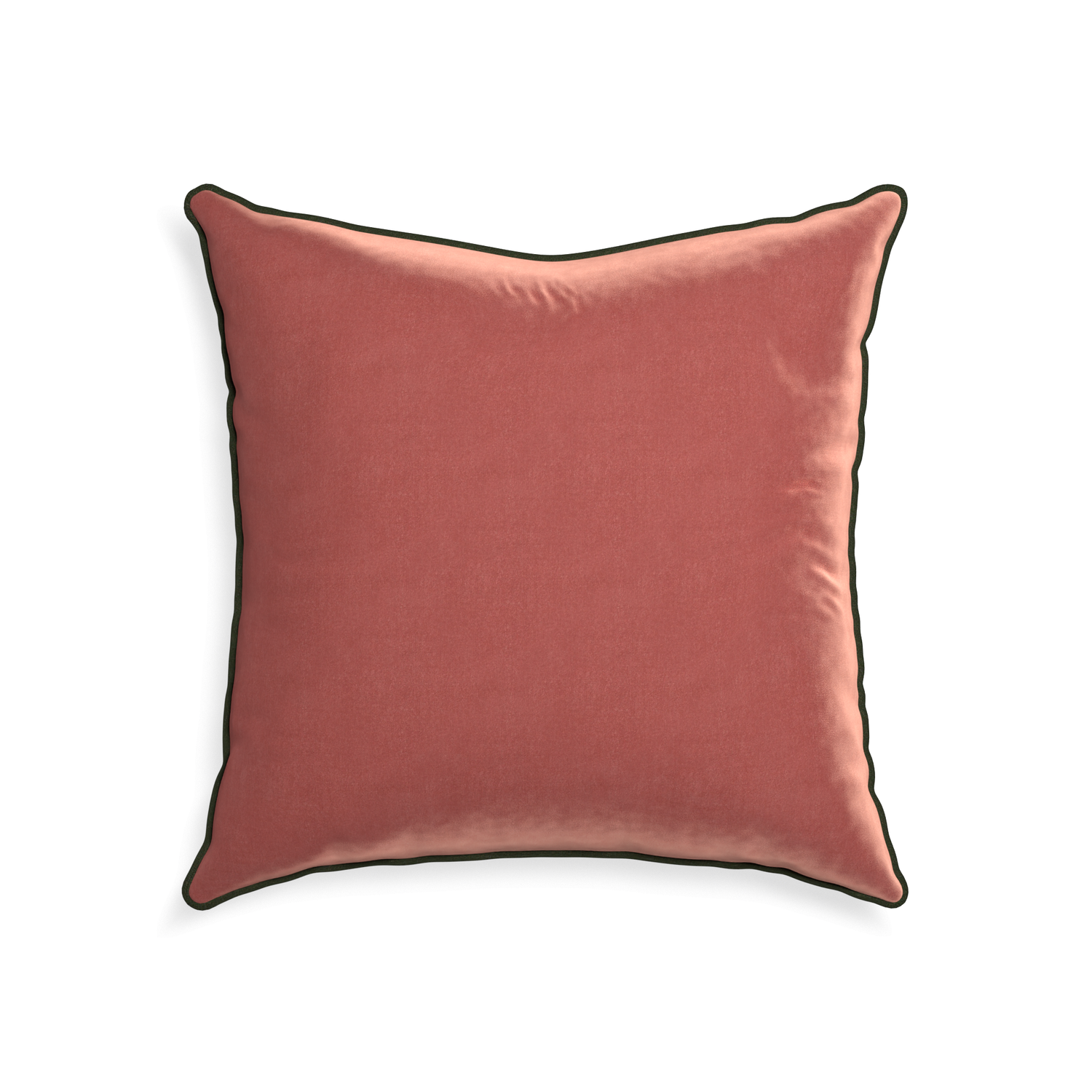 square coral velvet pillow with fern green piping