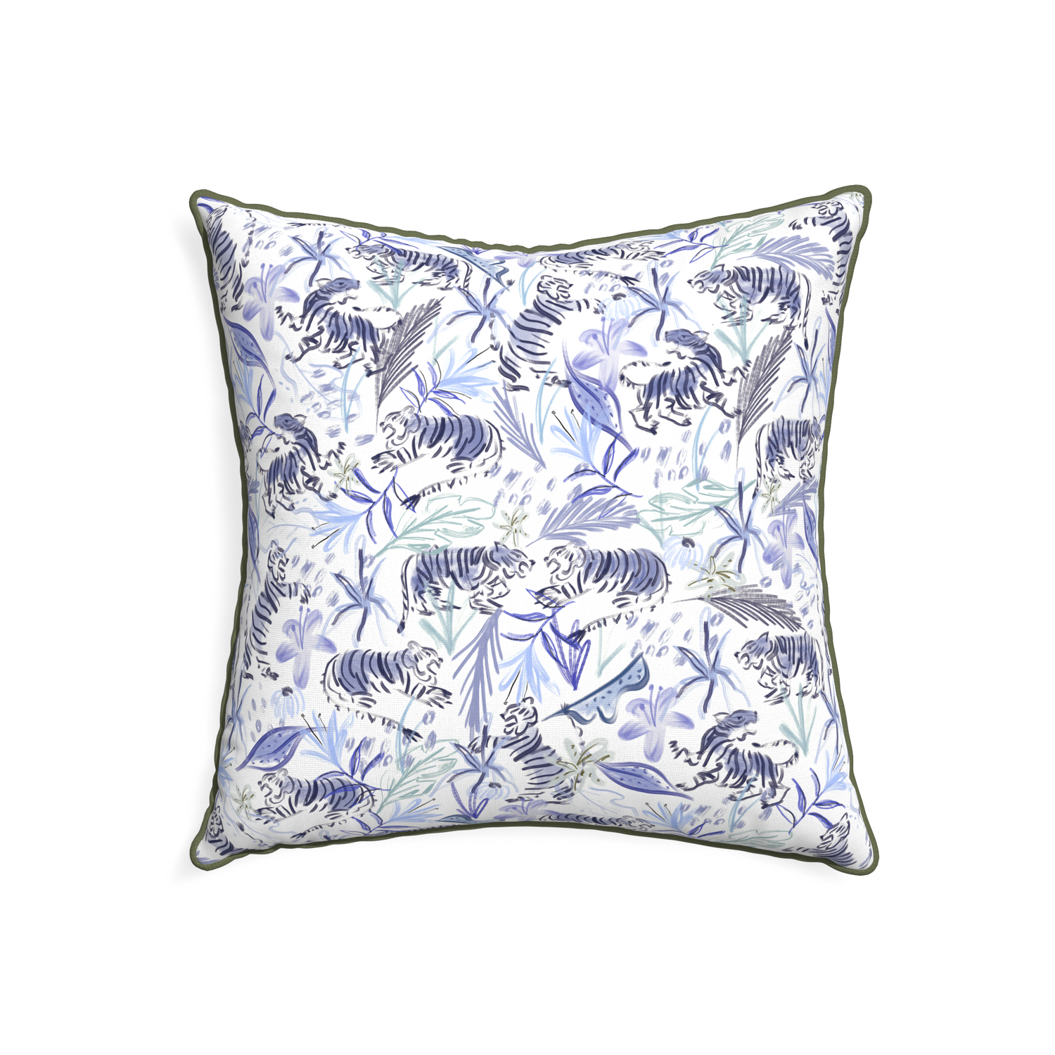 22-square frida blue custom blue with intricate tiger designpillow with f piping on white background