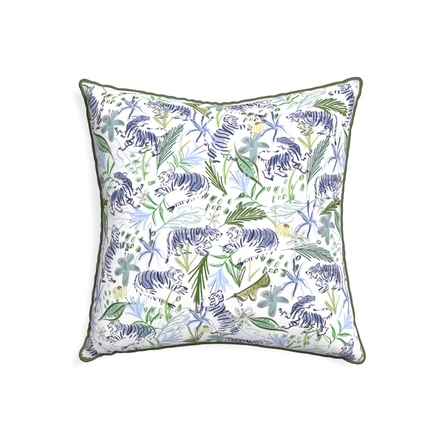 22-square frida green custom pillow with f piping on white background