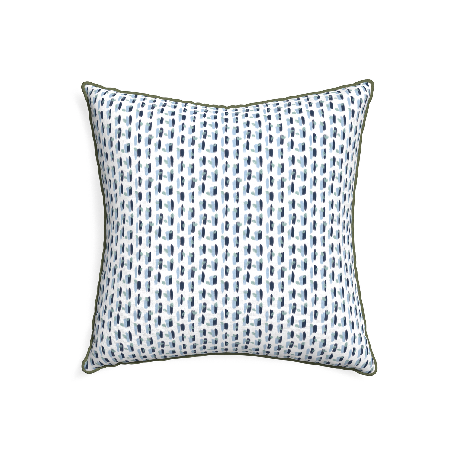 22-square poppy blue custom pillow with f piping on white background
