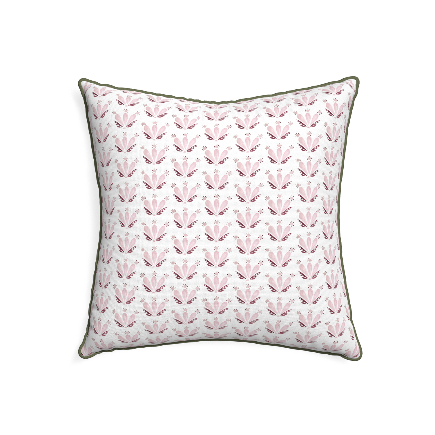 22-square serena pink custom pink & burgundy drop repeat floralpillow with f piping on white background