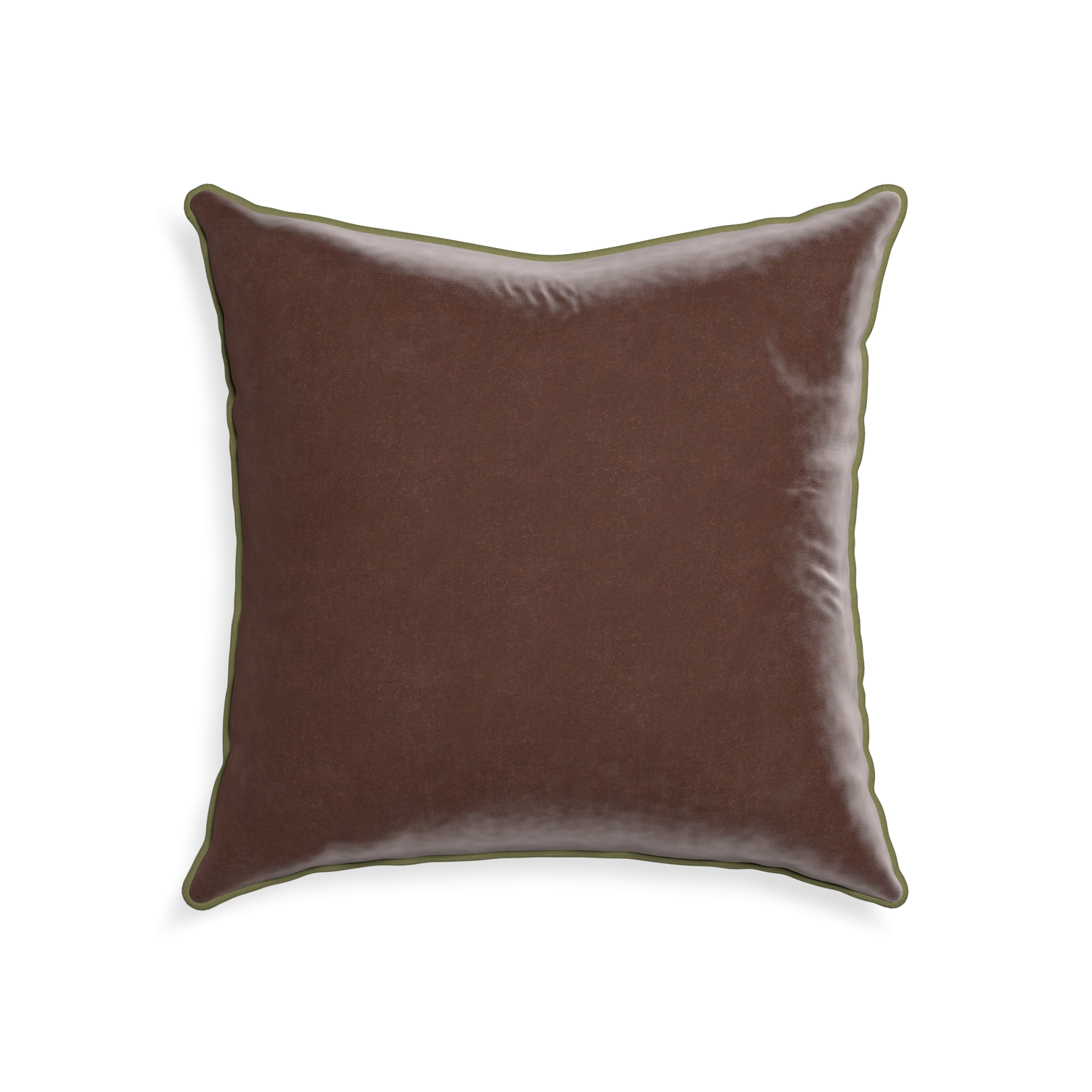 square brown velvet pillow with fern green piping