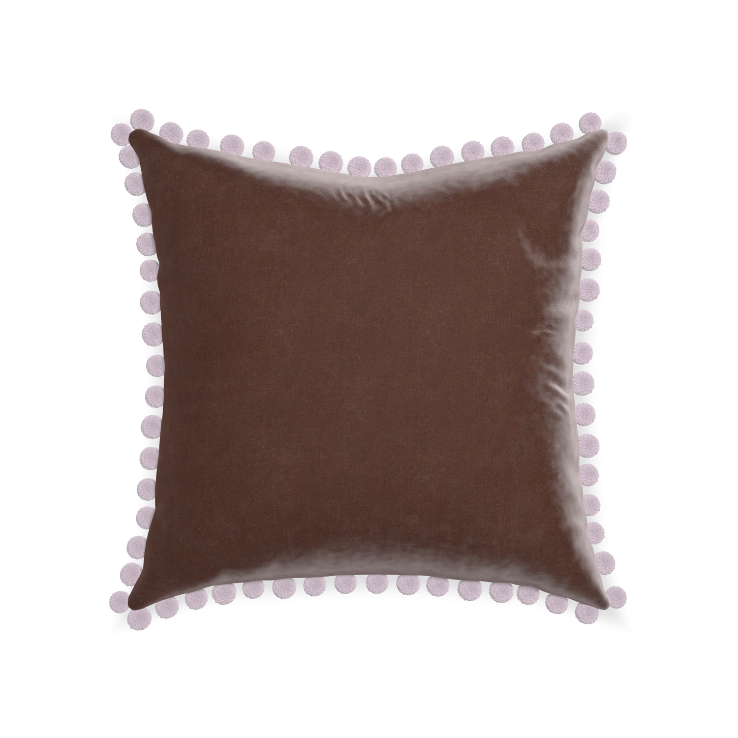 square brown velvet pillow with lilac pom poms