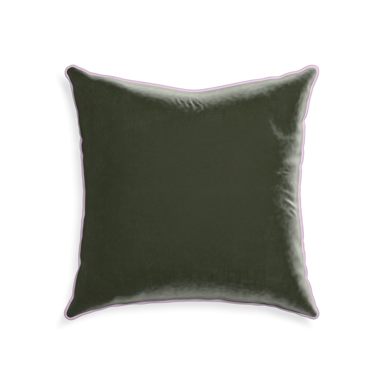 square fern green velvet pillow with lilac piping