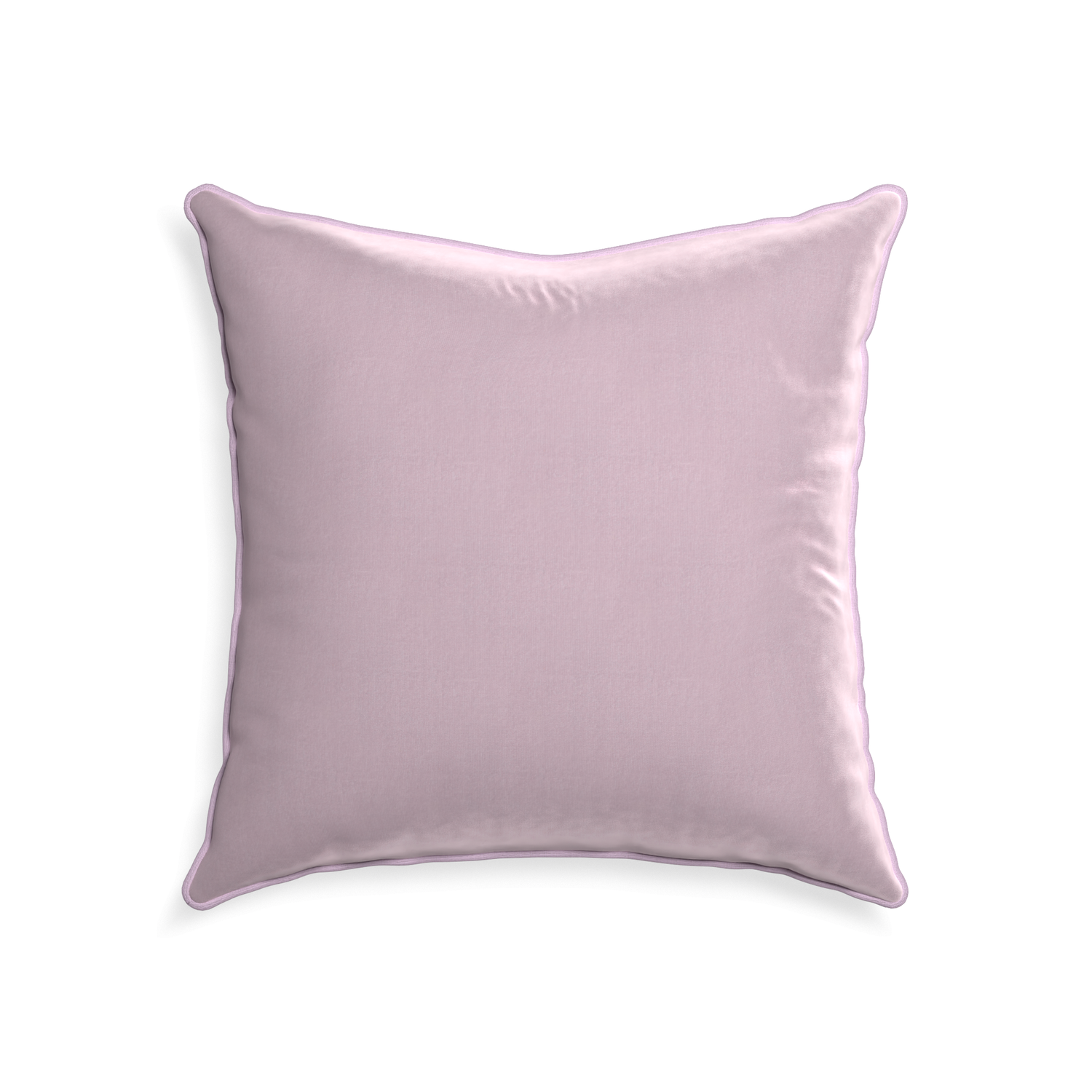 22-square lilac velvet custom pillow with l piping on white background