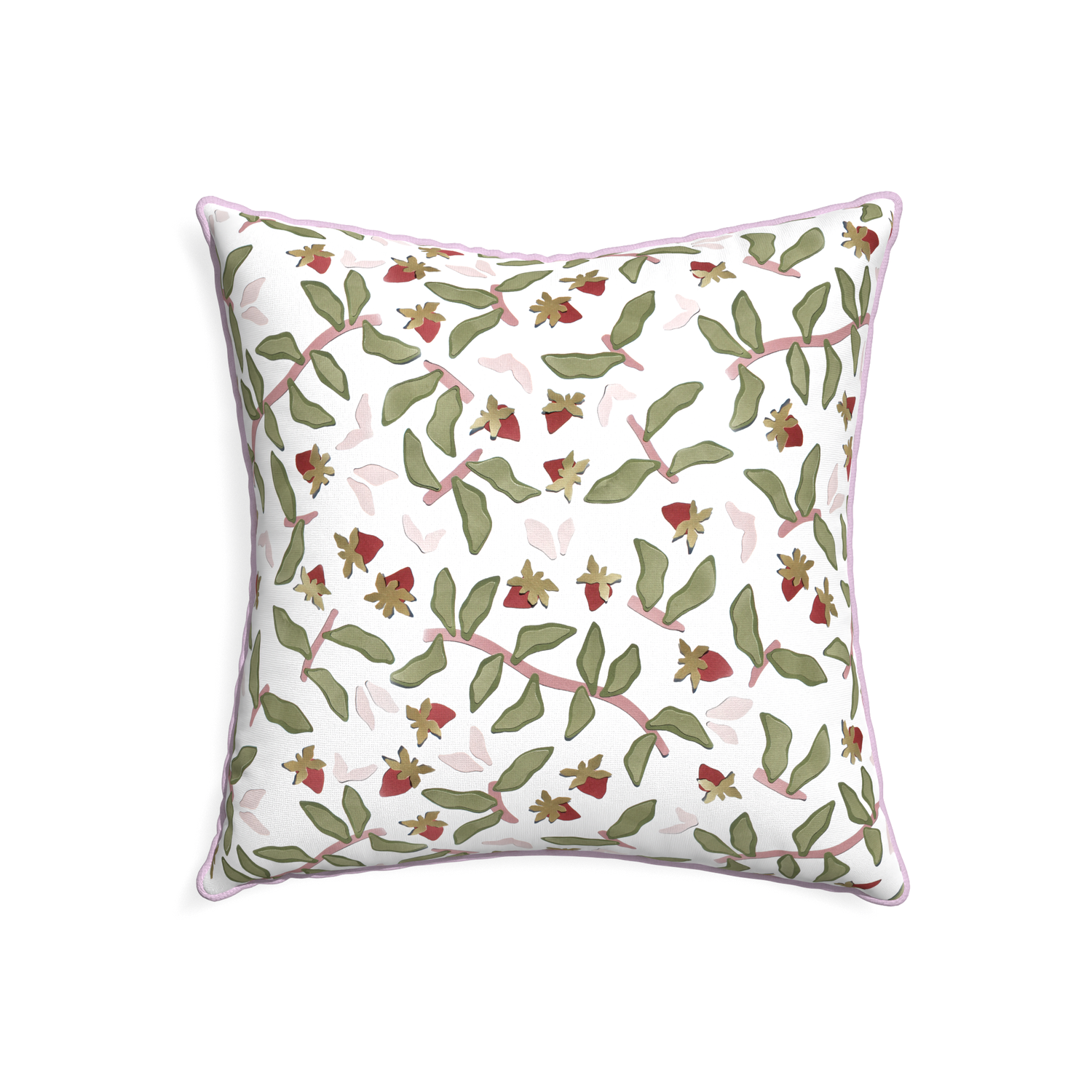 22-square nellie custom strawberry & botanicalpillow with l piping on white background