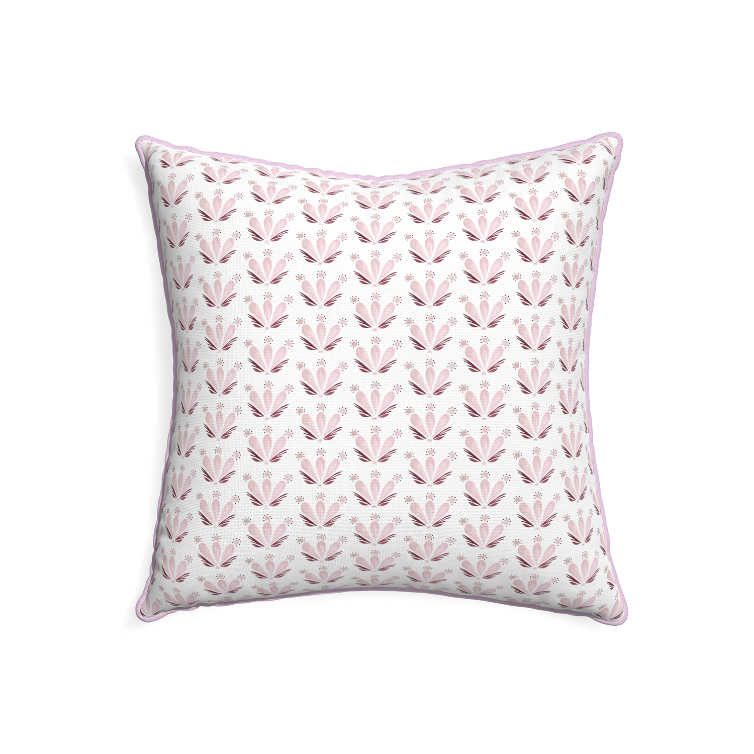 22-square serena pink custom pink & burgundy drop repeat floralpillow with l piping on white background