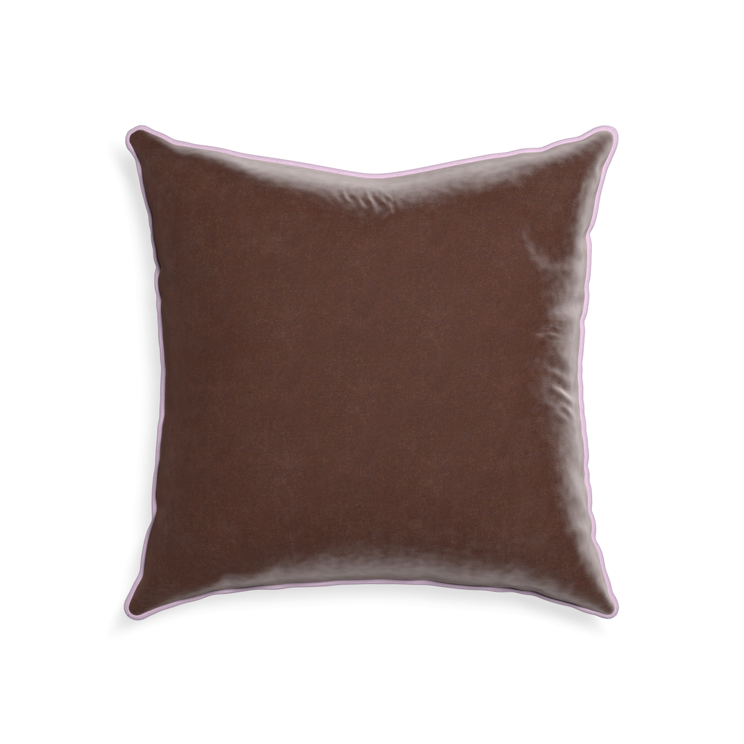 square brown velvet pillow with lilac piping
