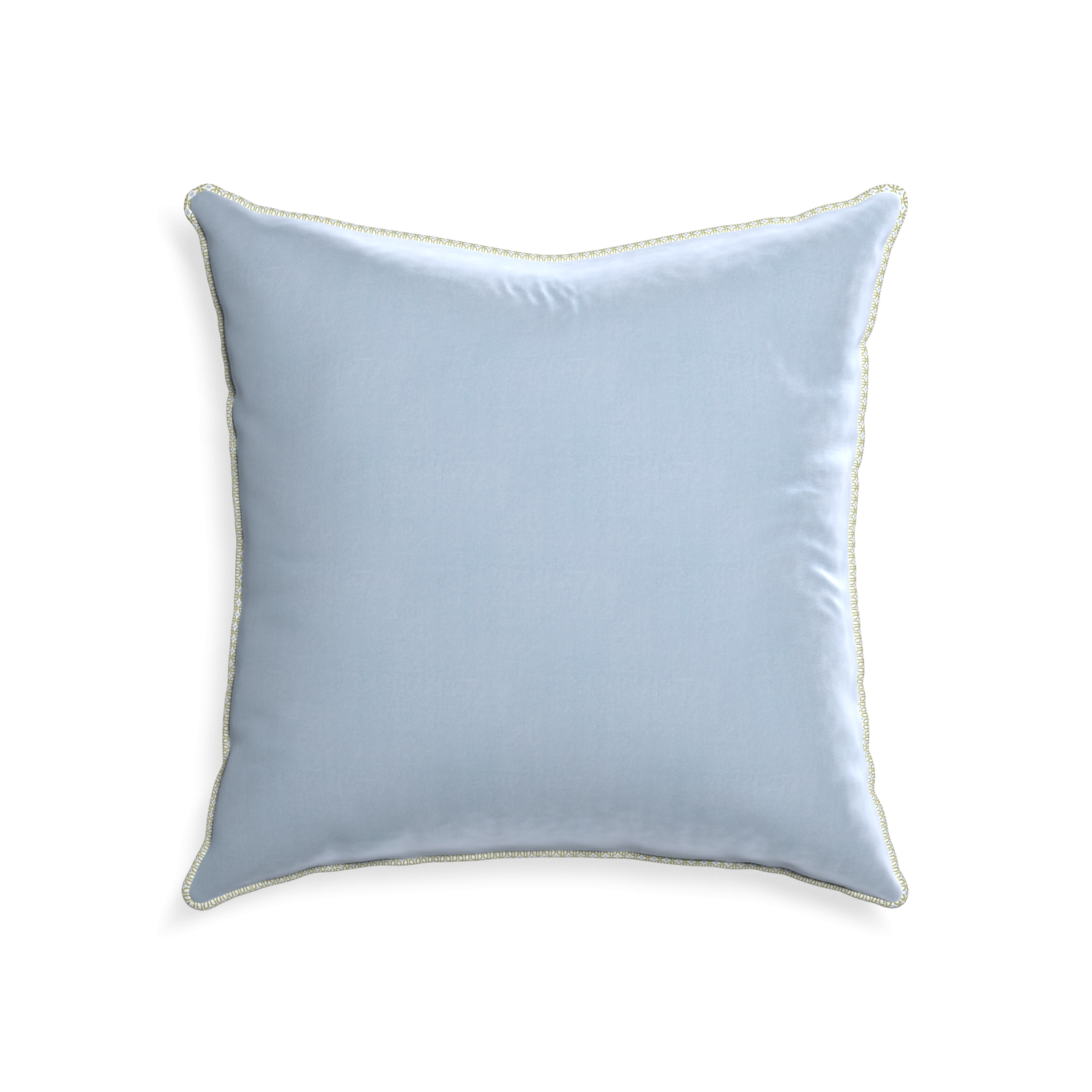 square light blue velvet pillow with moss green geometric piping